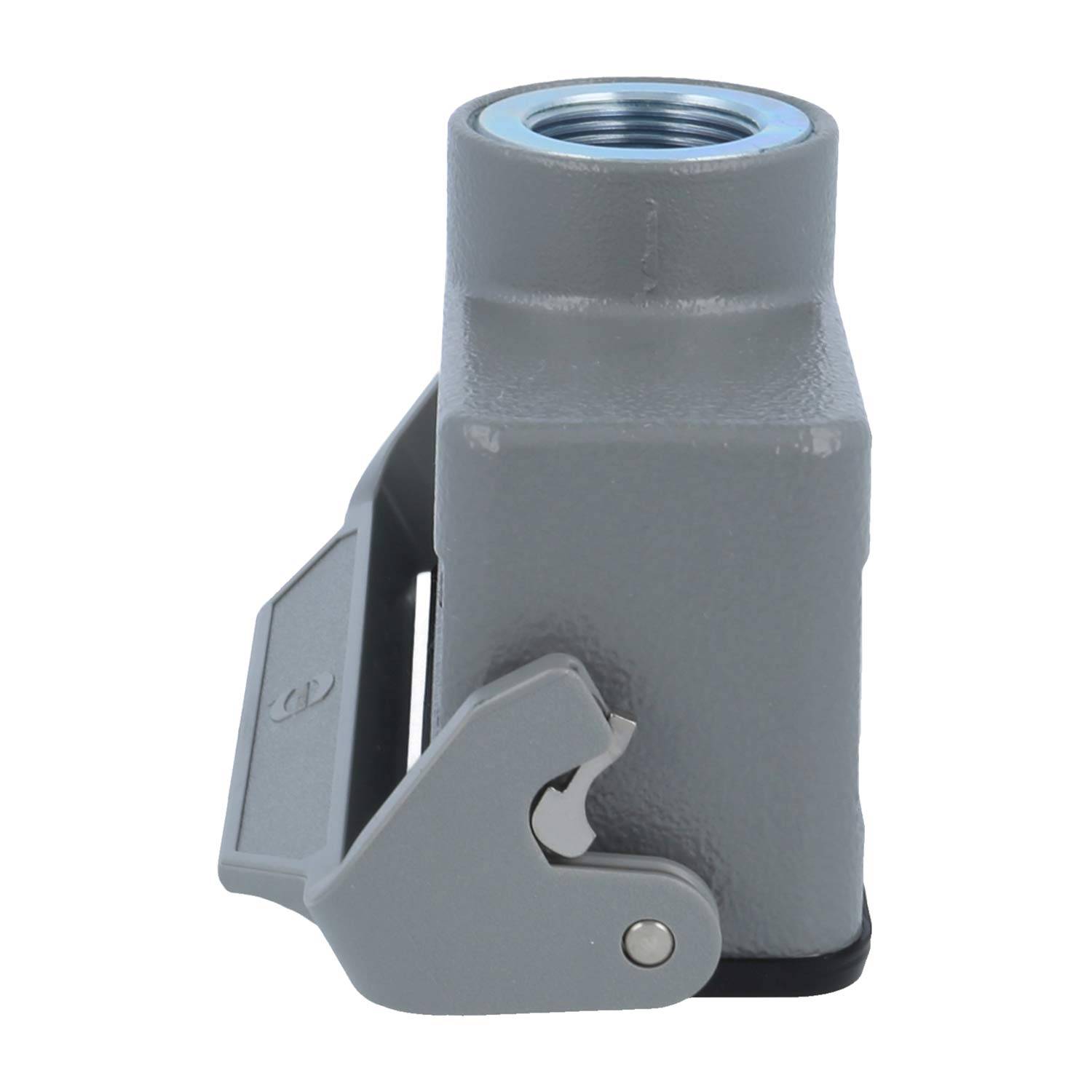 Graues industrielles Anschlussgehäuse mit einem seitlichen Verriegelungsmechanismus, verwendet zum Sichern von Verbindungen in elektrischen Geräten.