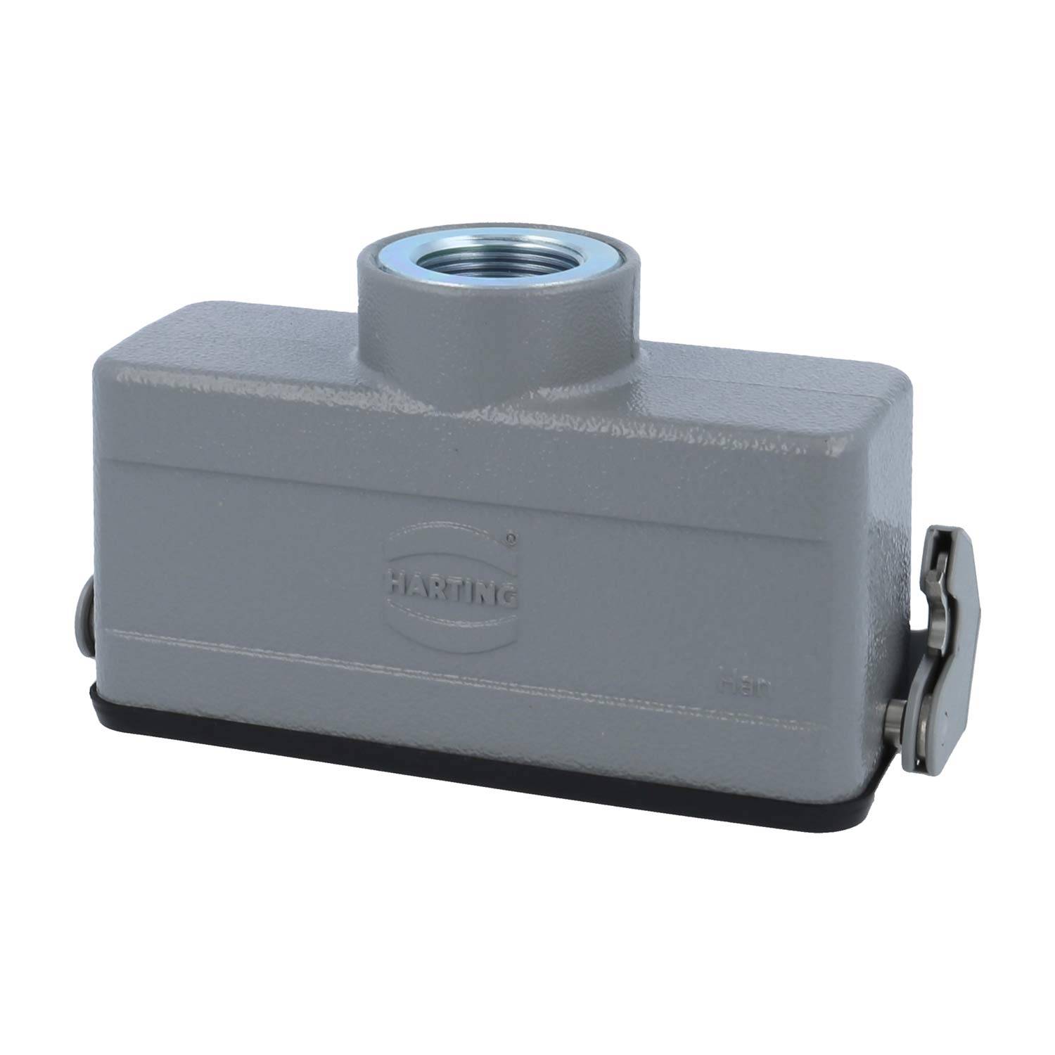 Rechteckiges graues Metallgehäuse für einen elektrischen Anschluss; Gewinde an der oberen Öffnung und Seitenverriegelung.