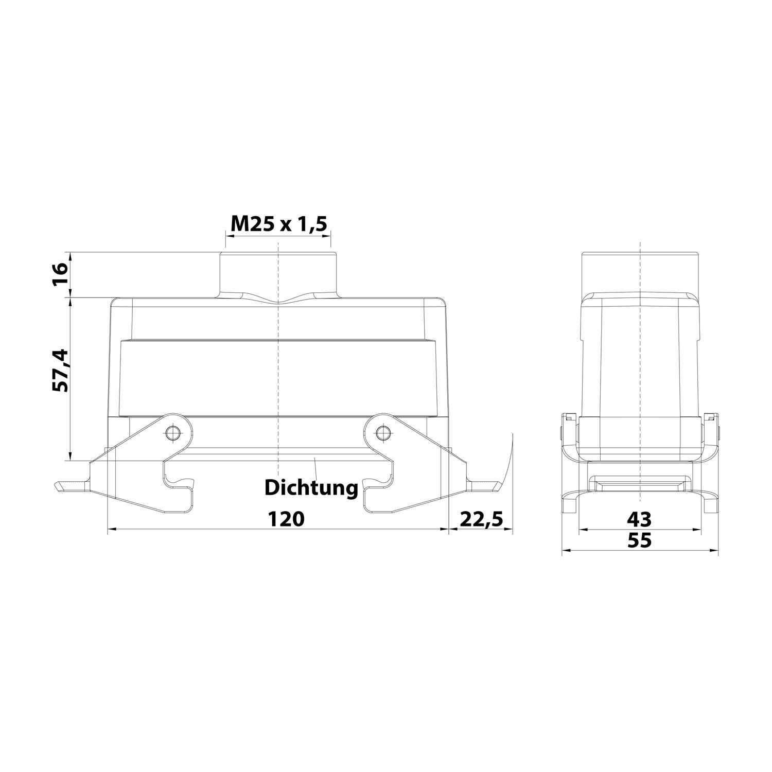 05300241763 HARTING Han 24B Kupplungsgehäuse niedrig, 1xM25 gerader Kabelabgang, mit 2 Querbügeln Verschraubung M25