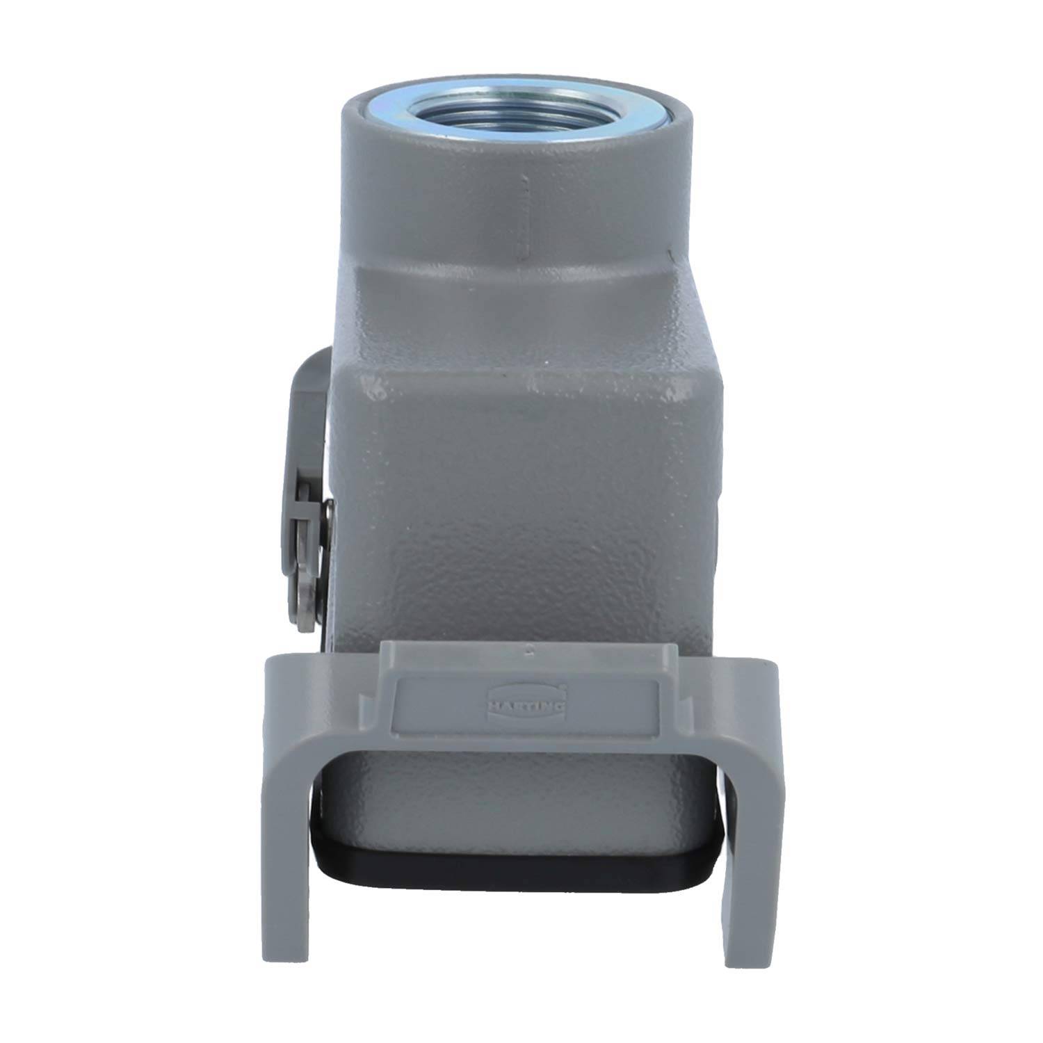 Ein grauer elektrischer Verbinder mit einem Verriegelungsmechanismus und einer Gewinde-Öffnung an der Oberseite, entwickelt für industrielle oder mechanische Verbindungen.