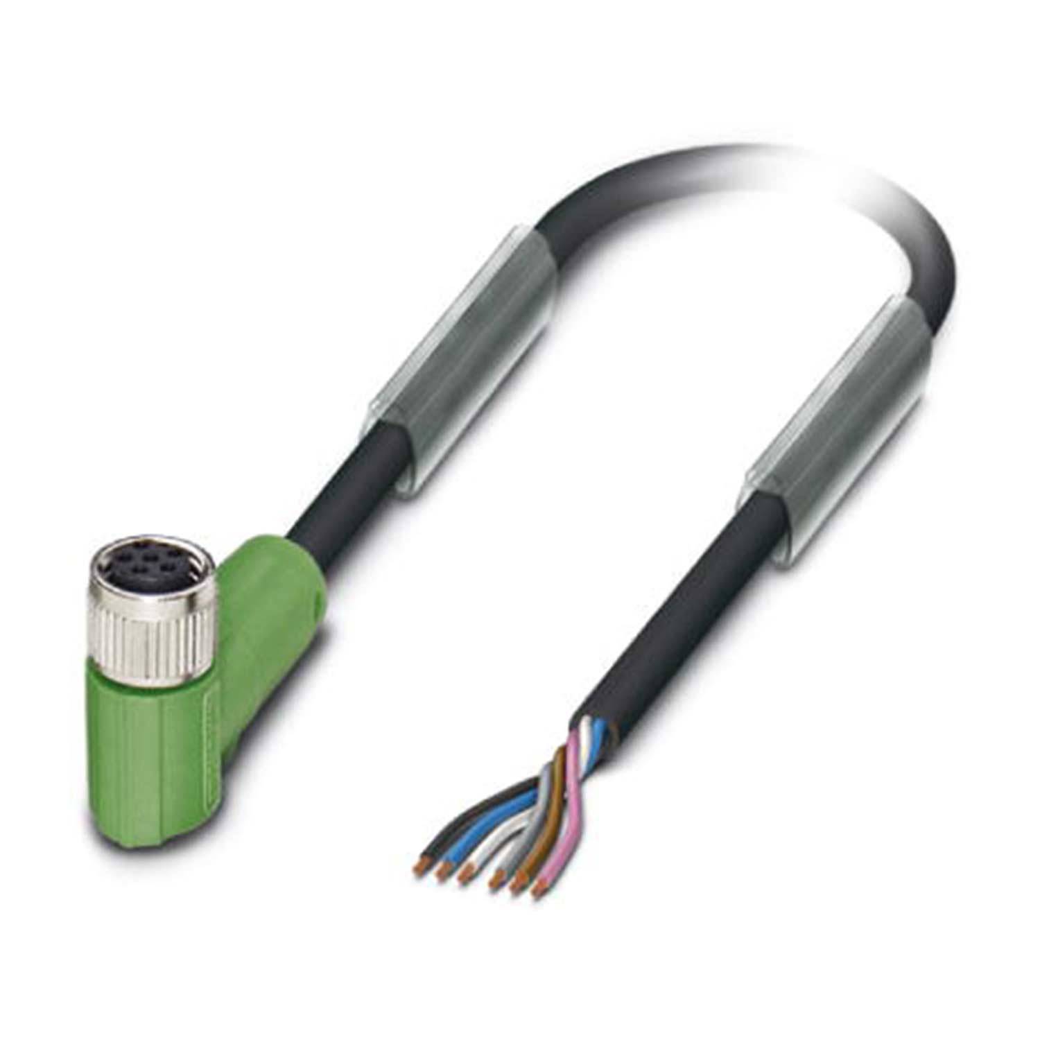 Ein grünes Verbindungskabel mit einem gewinkelten Stecker an einem Ende und freiliegenden mehrfarbigen Leitungen am anderen Ende, das für elektronische Verbindungen verwendet wird.