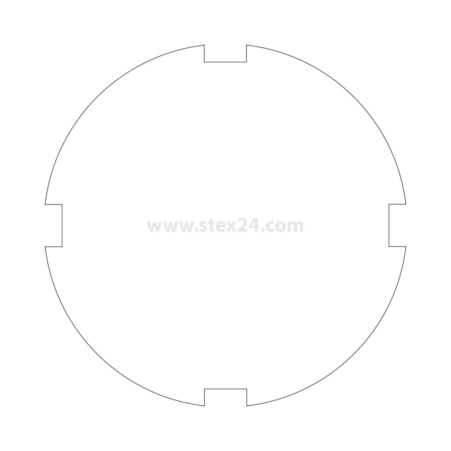 Eine kreisförmige Gestalt mit vier Einbuchtungen in gleichen Abständen entlang ihrer Kante, zentriert auf einem einfarbigen Hintergrund.