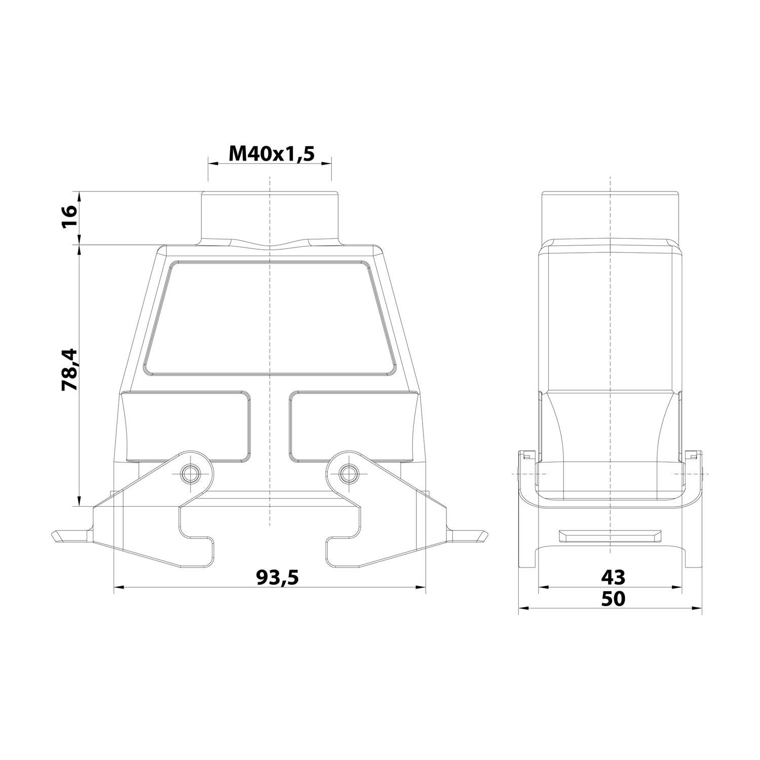 Technische Zeichnung eines mechanischen Bauteils mit Abmessungen: Breite oben 93,5 mm, Höhe 78,4 mm und Schnittbreite 50 mm.