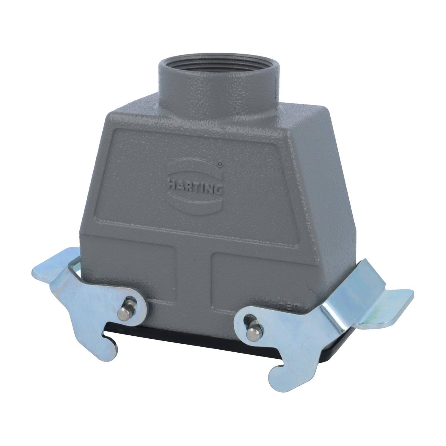 Ein graues Harting-Gehäuse für einen Steckverbinder mit zwei metallischen Verriegelungshebeln an beiden Seiten, verwendet für sichere elektrische Verbindungen.