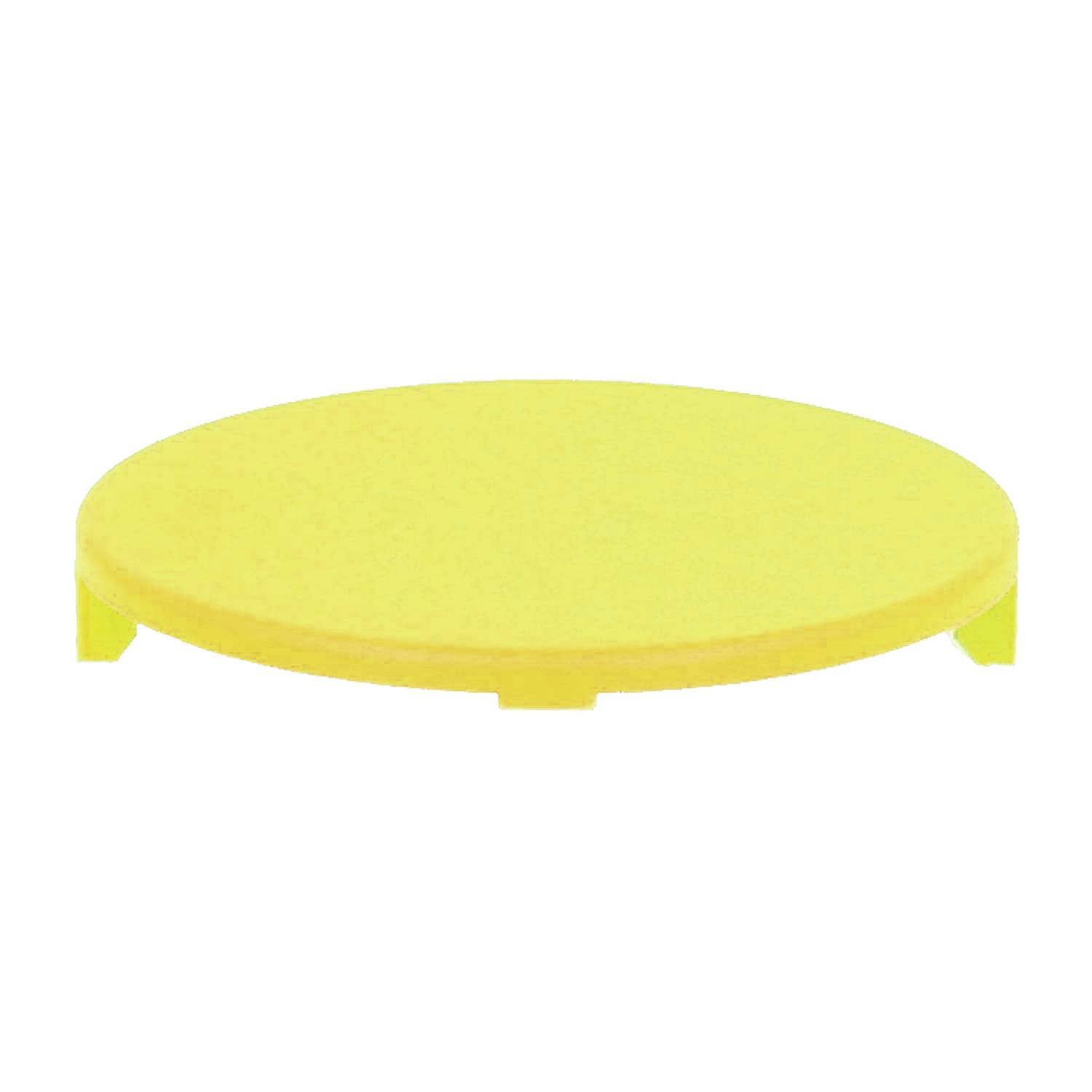 Ein rundes, flaches, gelbes Plastikdeckel, höchstwahrscheinlich ein Deckel für einen Behälter, der auf einem weißen Hintergrund dargestellt ist.