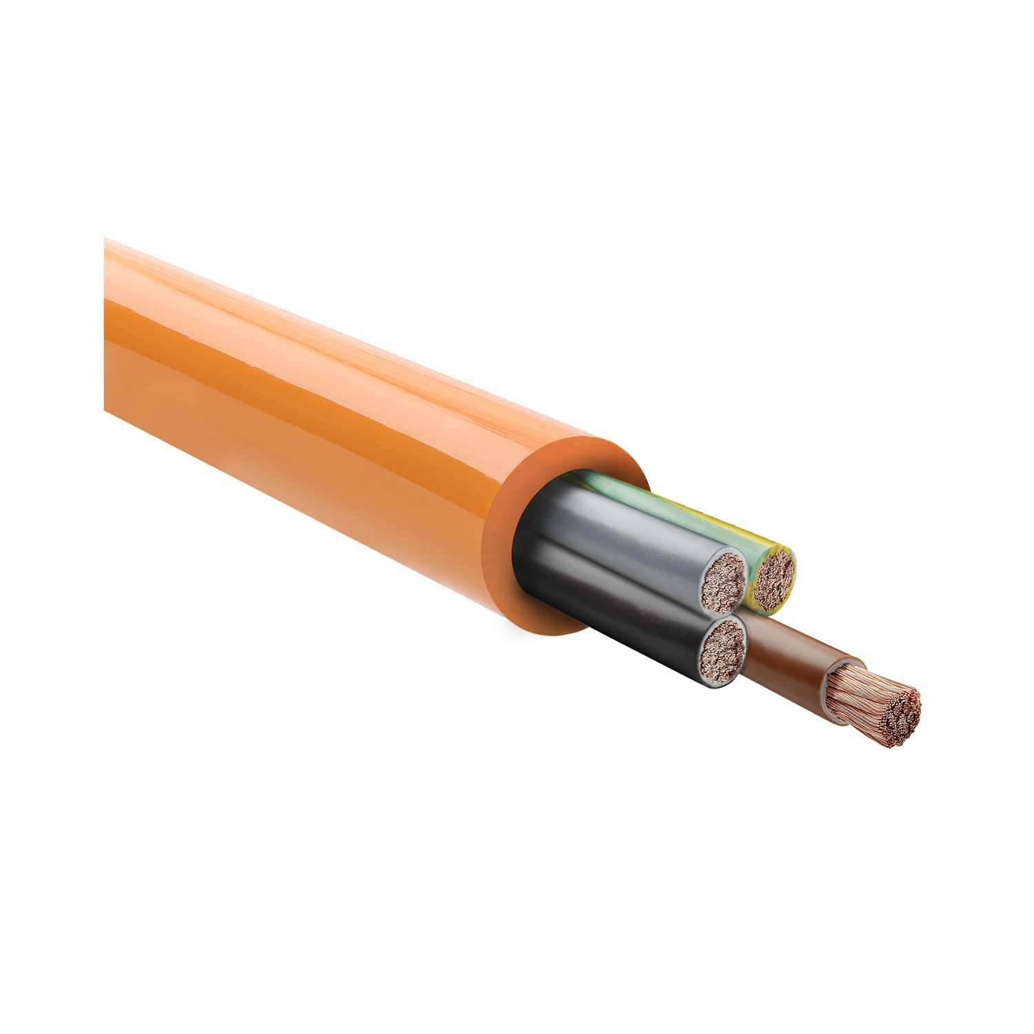 Querschnitt eines orangefarbenen Elektrokabels mit vier inneren Adern in schwarzer, gelb-grüner und brauner Isolierung.