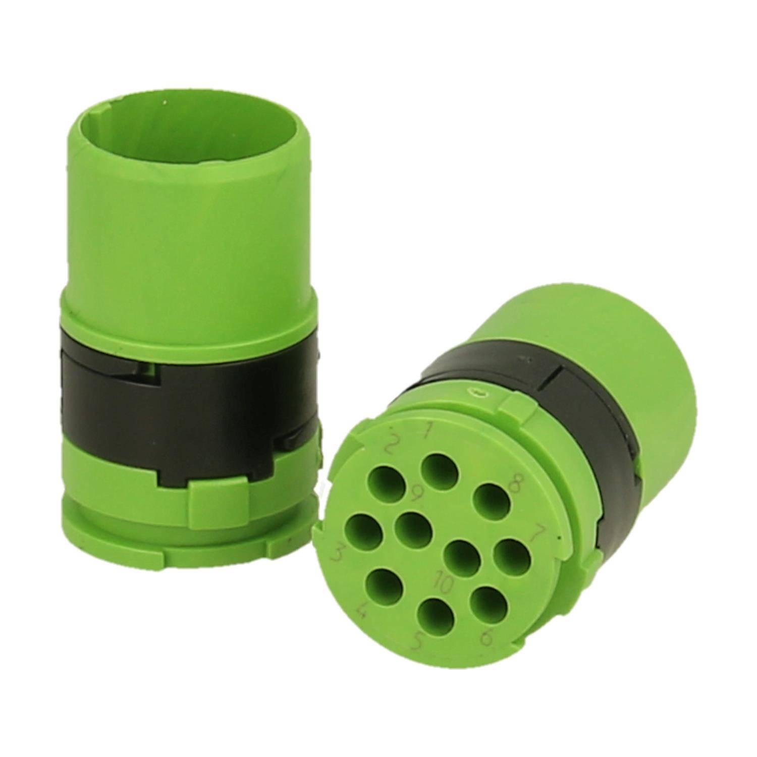 Zwei grüne und schwarze zylindrische Steckverbinder mit mehreren Stiftlöchern, die für elektrische oder elektronische Anwendungen verwendet werden.