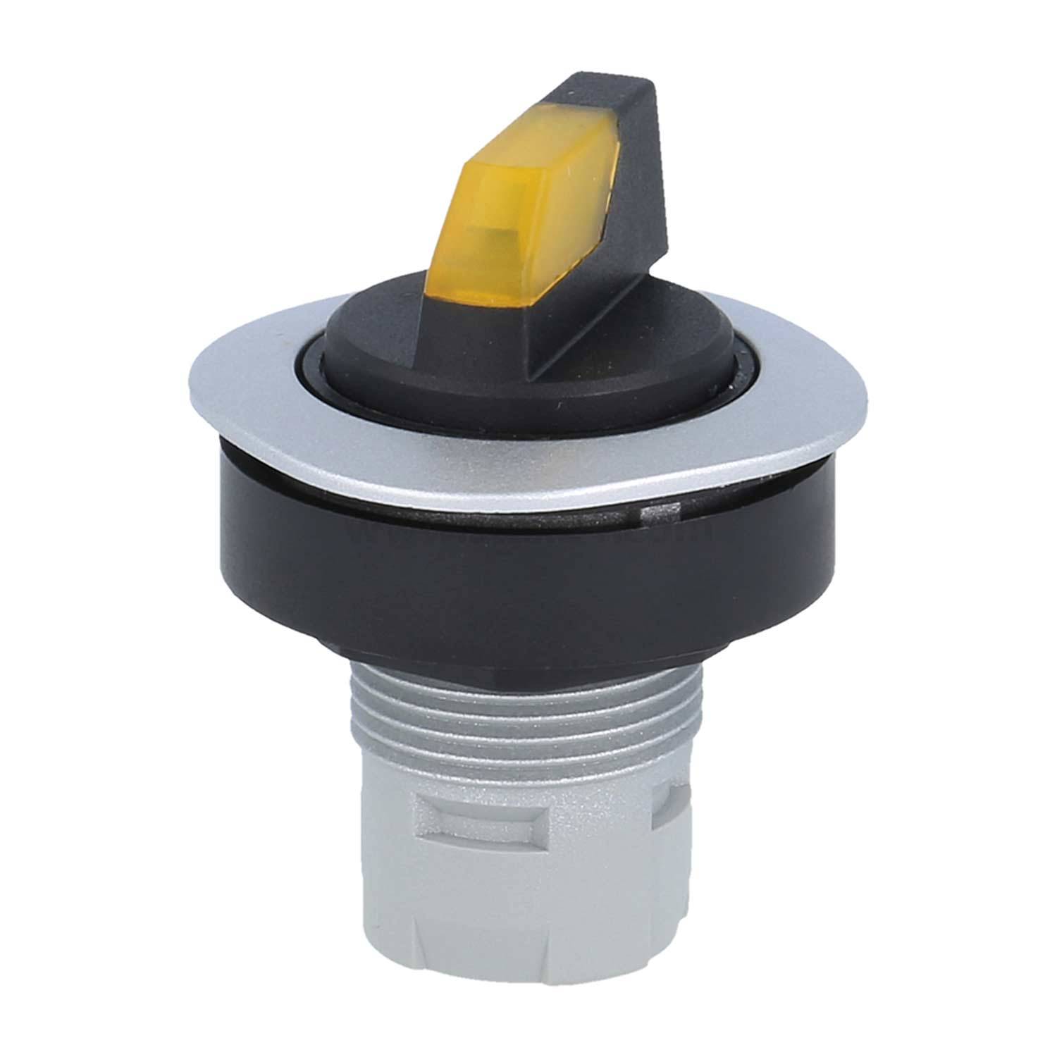 Ein schwarzer und silberner Kippschalter mit einer gelben Anzeige oben, der für die Einbaumontage in elektronischen Geräten konzipiert ist.