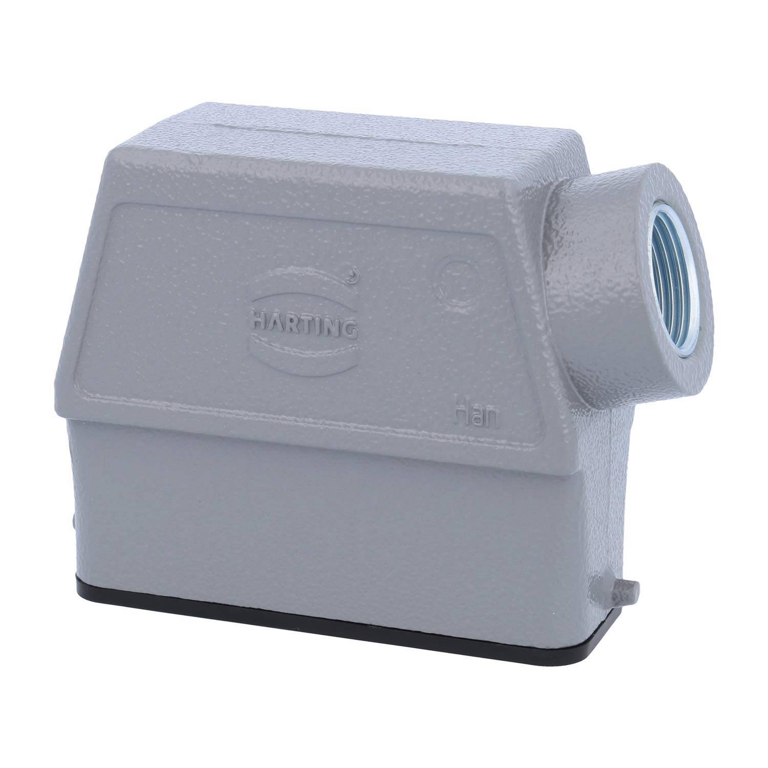 Grauer rechteckiger industrieller Anschlussgehäusedeckel mit seitlichem Kabeleingang, strukturierter Oberfläche und Markenetikett auf der Vorderseite.