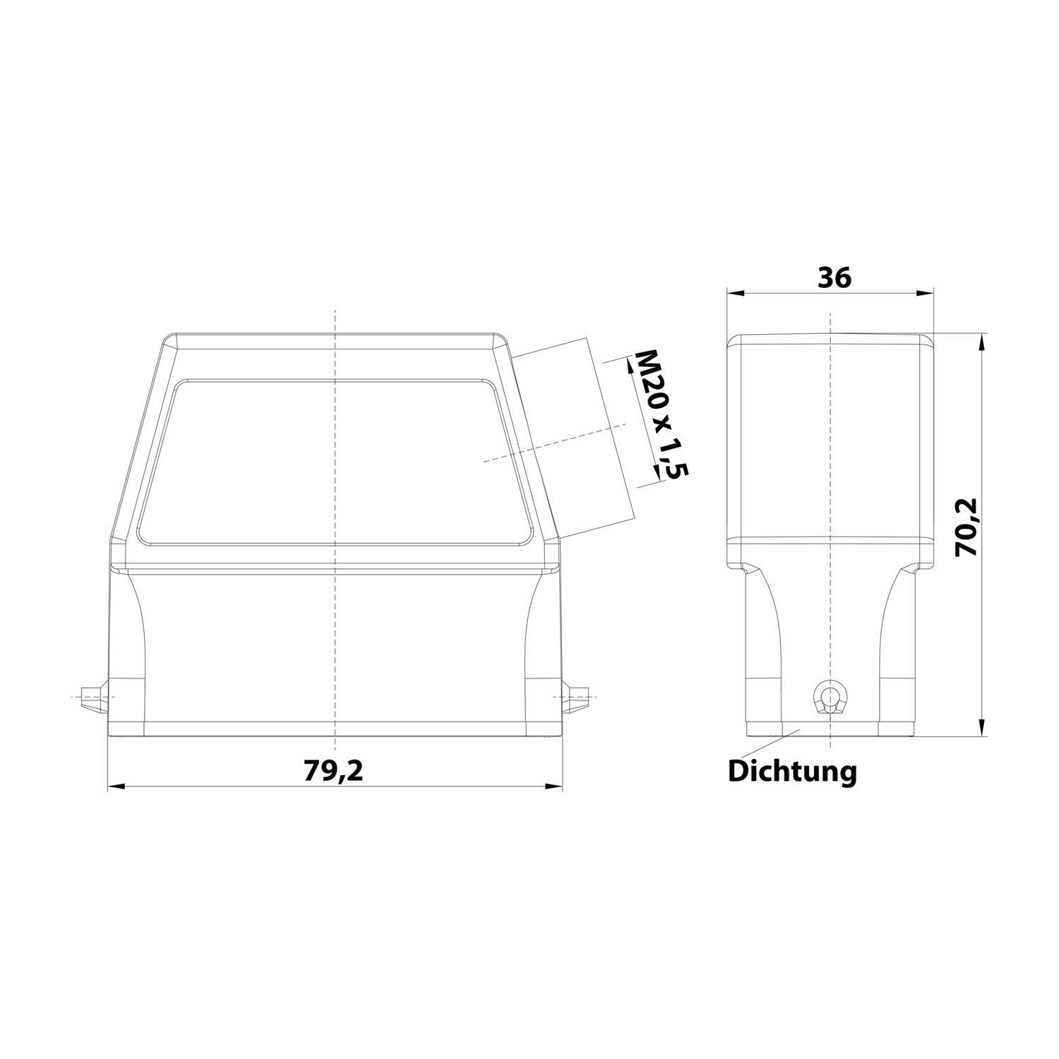 Technische Zeichnung eines rechteckigen elektronischen Gehäuses. Abmessungen: 79,2 mm Breite, 70,2 mm Höhe, mit einer Tiefe von 36 mm.