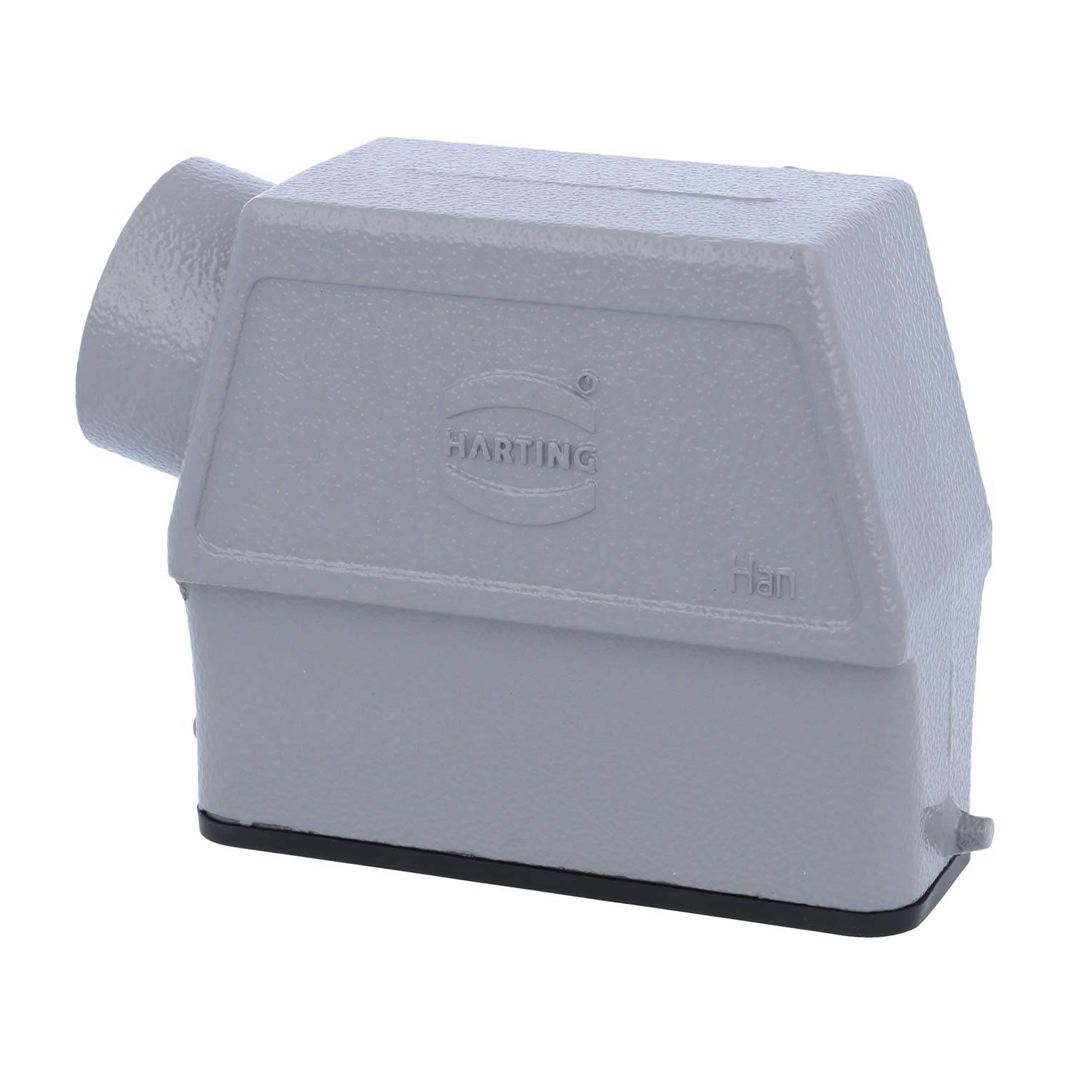 Ein rechteckiges, graues elektrisches Anschlussgehäuse mit der Aufschrift 'Harting' auf der Oberfläche, das eine seitliche Öffnung für den Kabeleingang aufweist.