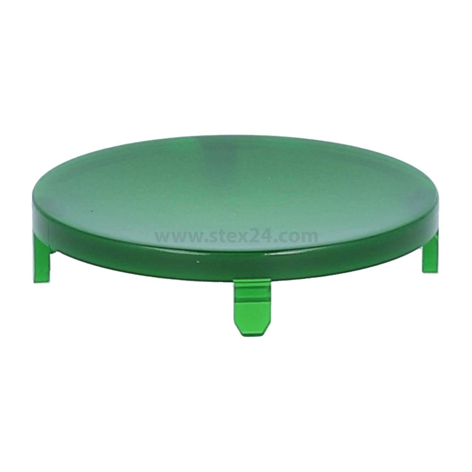 Ein grüner, runder Plastikdeckel mit drei kurzen Beinen, wahrscheinlich zum Abdecken oder Schützen eines Gegenstands.