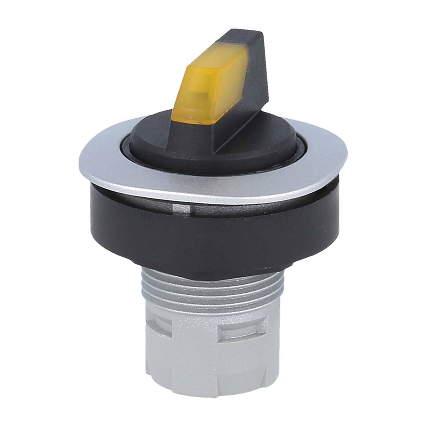 Ein kreisförmiger schwarzer und silberner Wahlschalter mit einem gelben Indikator oben, der wahrscheinlich für Bedienfelder oder Maschinenbedienung verwendet wird.