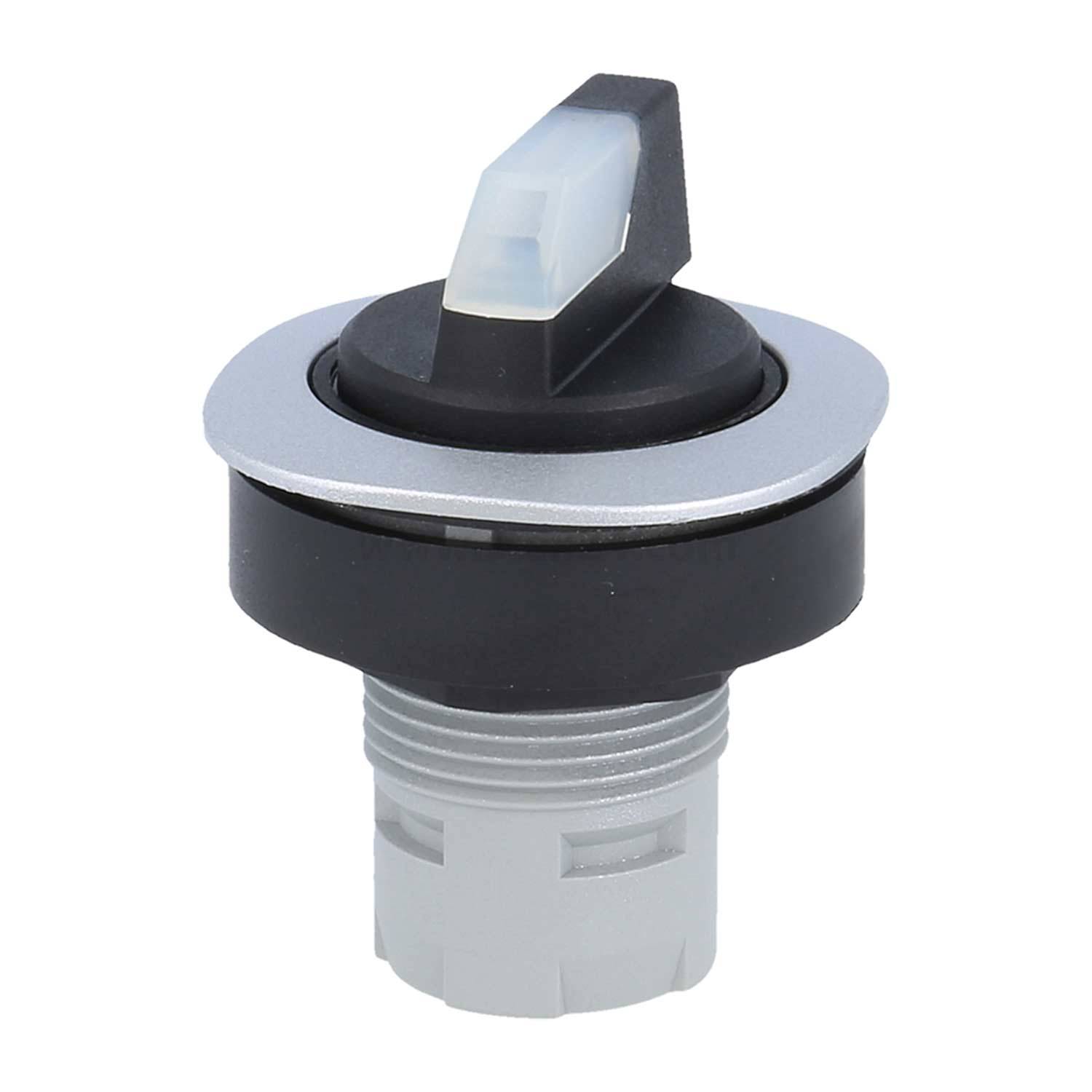 Schalter mit schwarzem Griff und weißem Indikator, montiert auf einer silber- und grauen Basis.