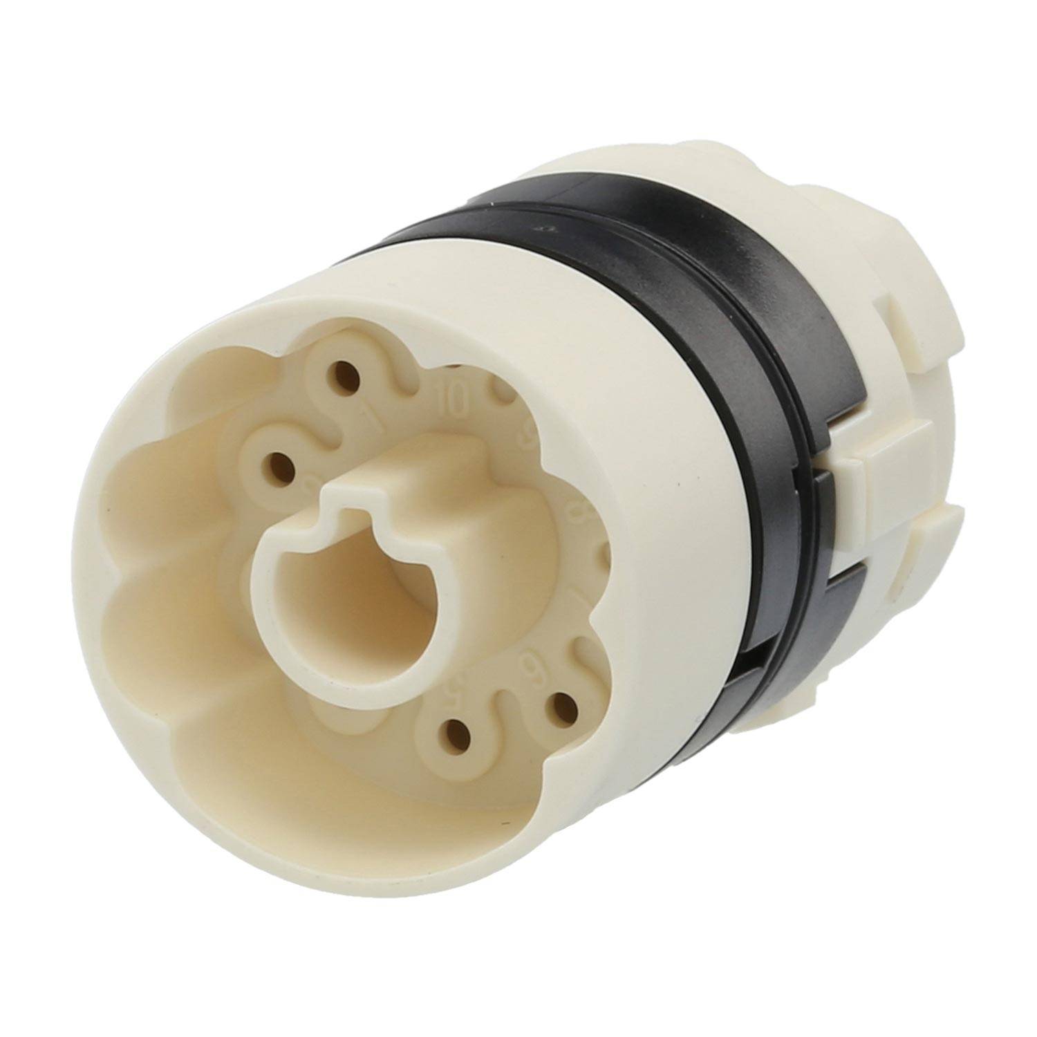 Eine beige-schwarze Kunststoff-Zylinderkomponente mit mehreren Löchern und Abschnitten, die für mechanische oder elektrische Montagezwecke konzipiert ist.