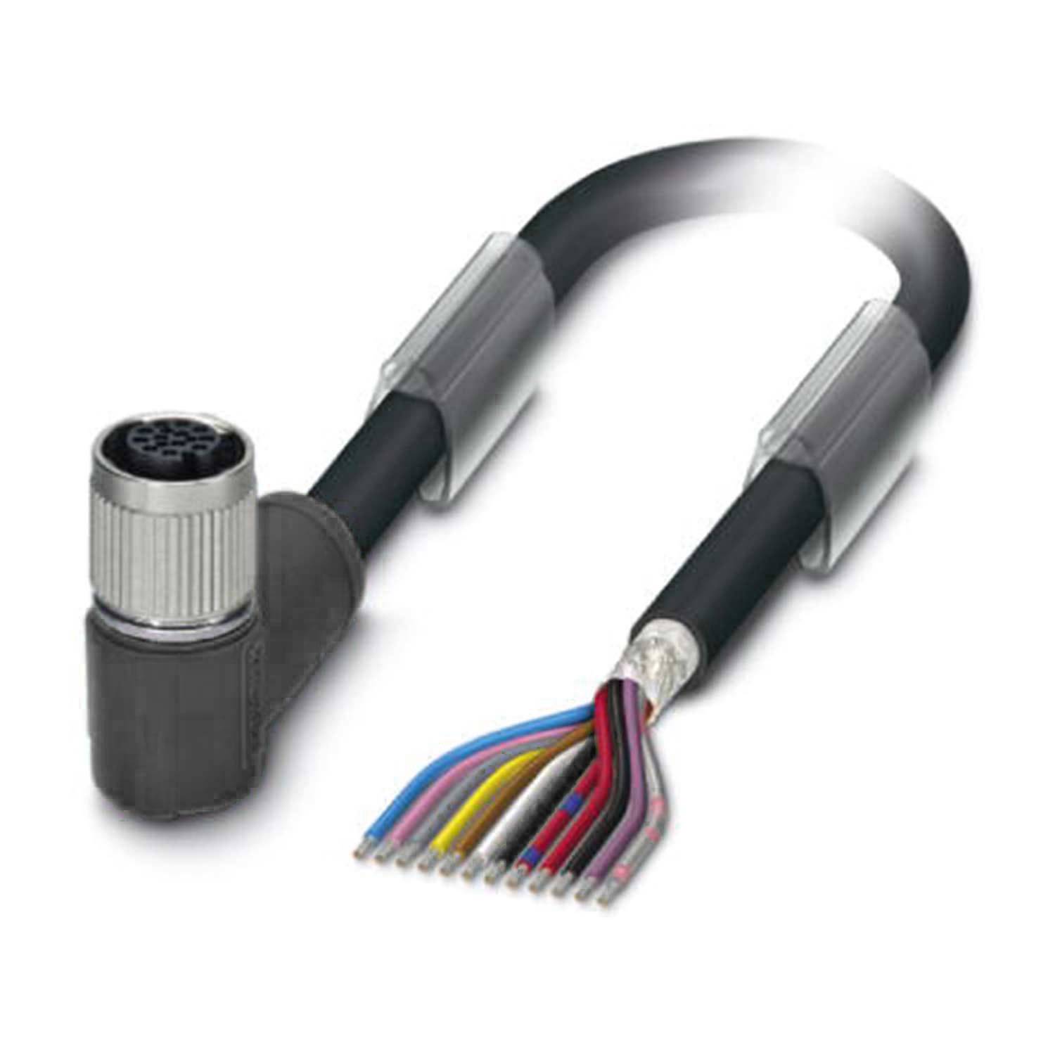 Kreisrundes Kabel mit Rechtwinklanschluss und freiliegenden mehrfarbigen Leitungen an einem Ende, verwendet für elektronische und industrielle Anwendungen.