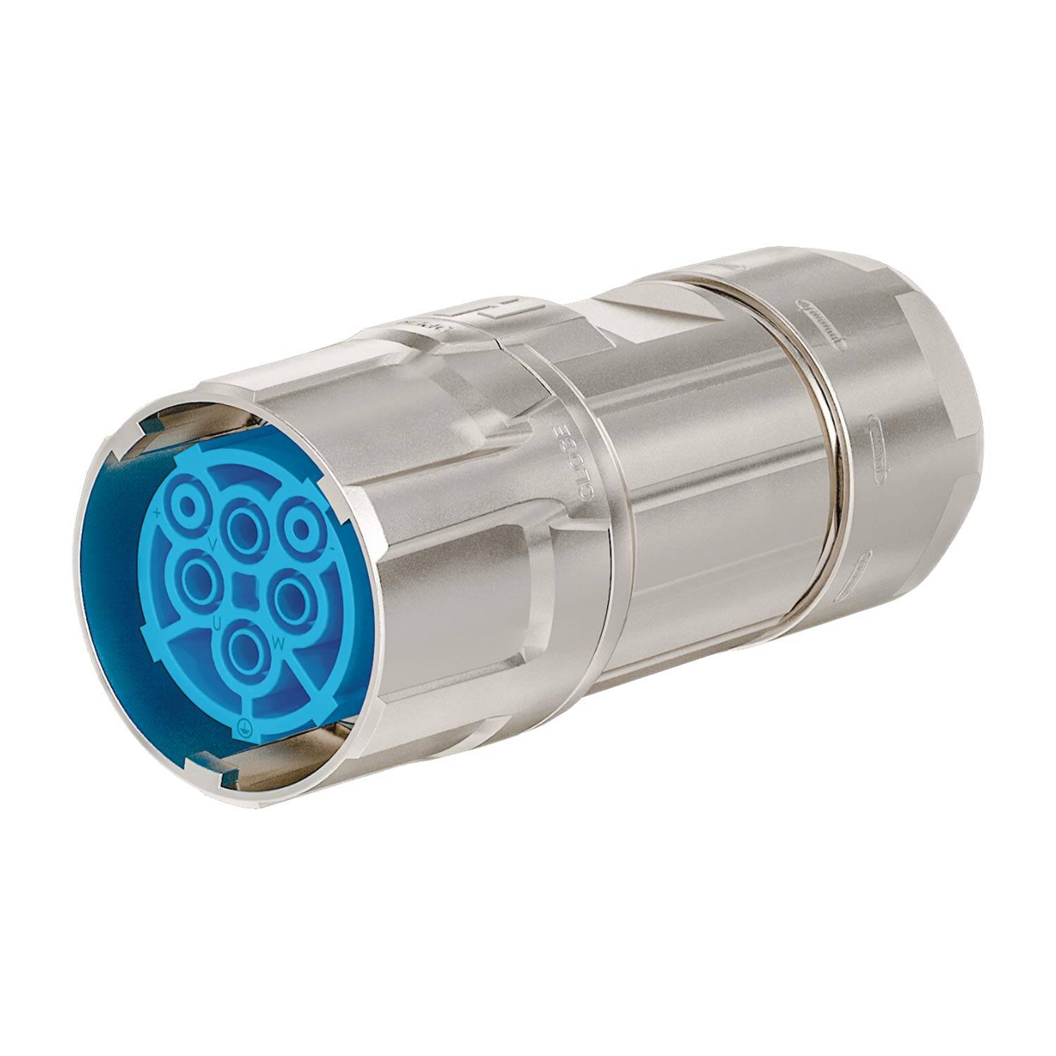 Ein metallischer Koaxialkabelstecker mit einem blauen Isolationsbereich wird gezeigt, der für hochfrequente elektrische Signale ausgelegt ist.