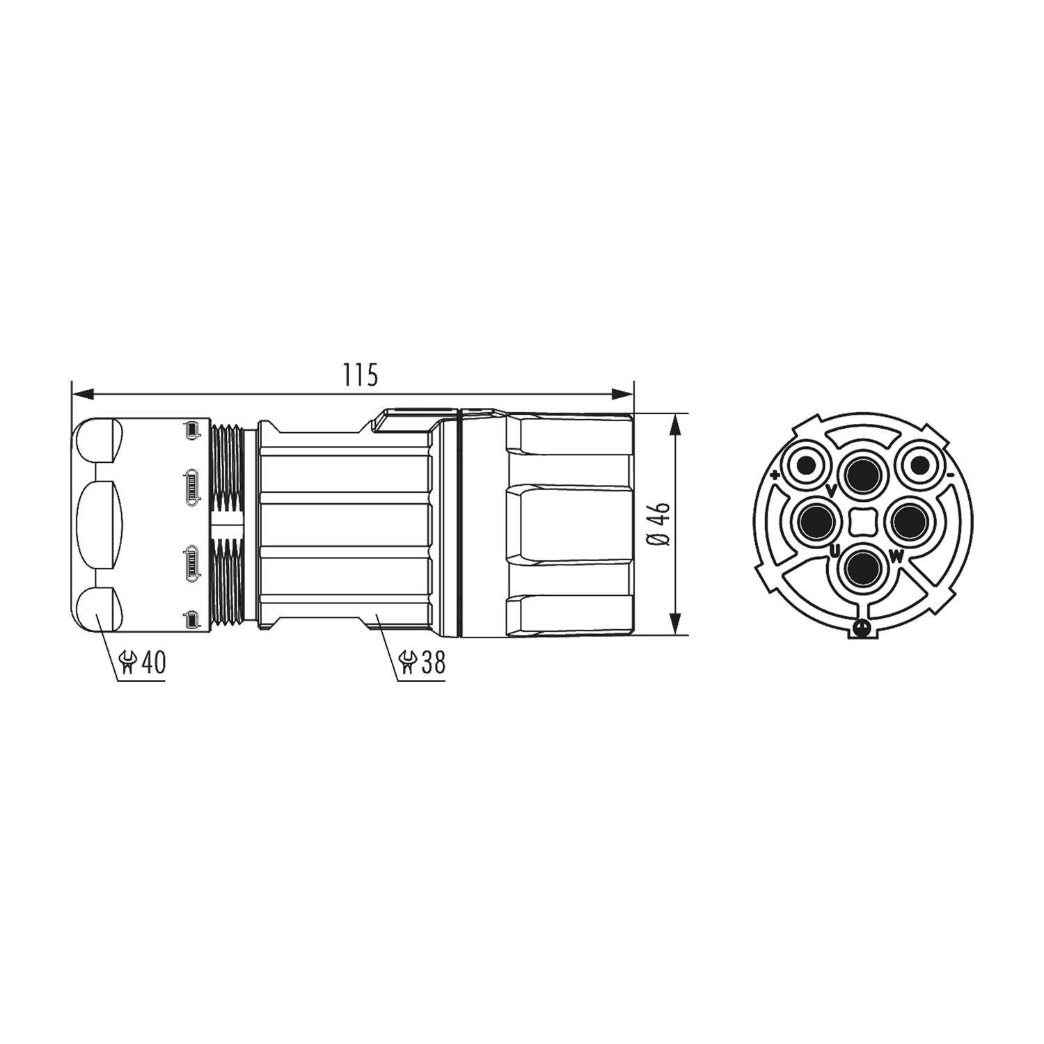 Technische Zeichnung eines zylindrischen Verbindungsstücks mit Maßen: Länge 115 mm, Durchmesser 40 mm an einem Ende, 38 mm am anderen Ende und 46 mm breit in der Frontansicht.