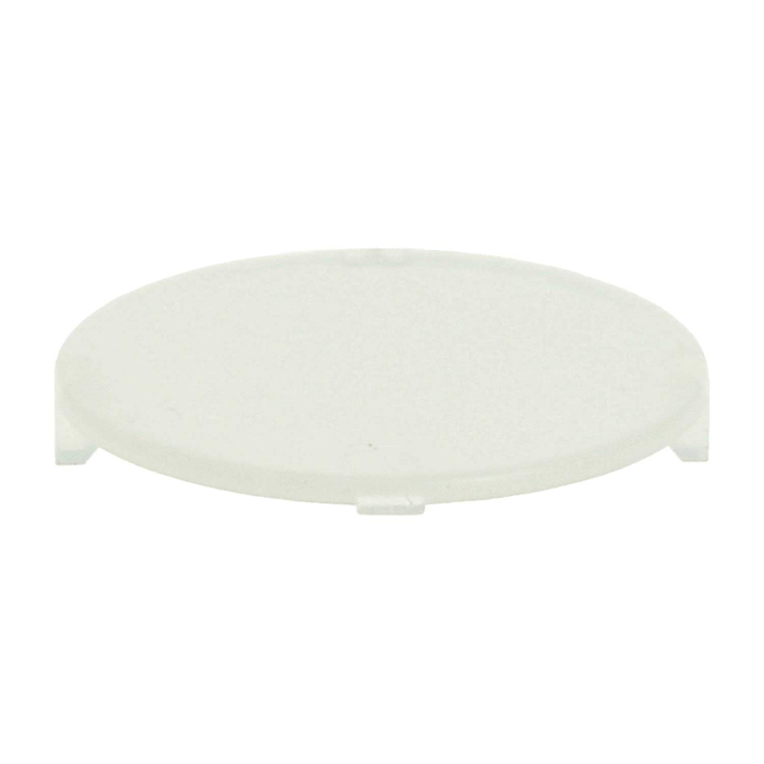Ein weißer, runder Kunststoffdeckel mit einer flachen Oberfläche und einem kleinen Rand um die Kante, der zum Abdecken oder Schützen von Behältern verwendet wird.