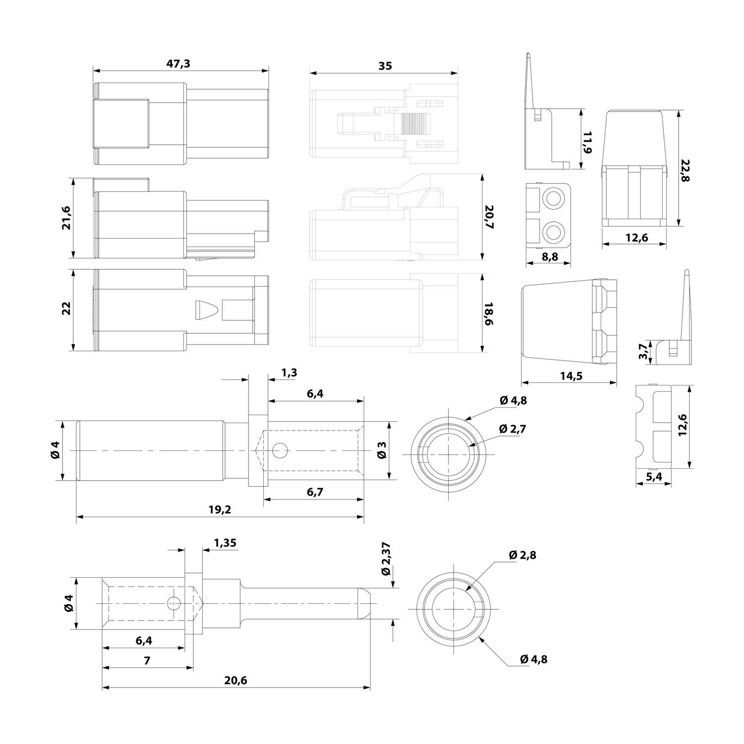 Technische Zeichnung eines mechanischen Bauteils mit verschiedenen Abmessungen. Ansichten umfassen Seite, Vorderseite, Draufsicht; Maßangaben in Millimetern.