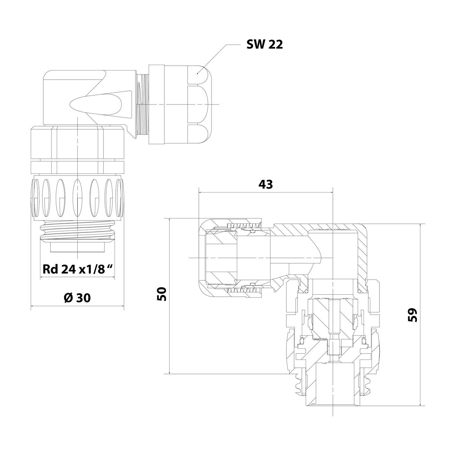C01610K00600010 Amphenol RD24-KSW Kabelsteckverbinder gewinkelt Stift Crimpanschluss, Polzahl 6+PE Kabelabgang