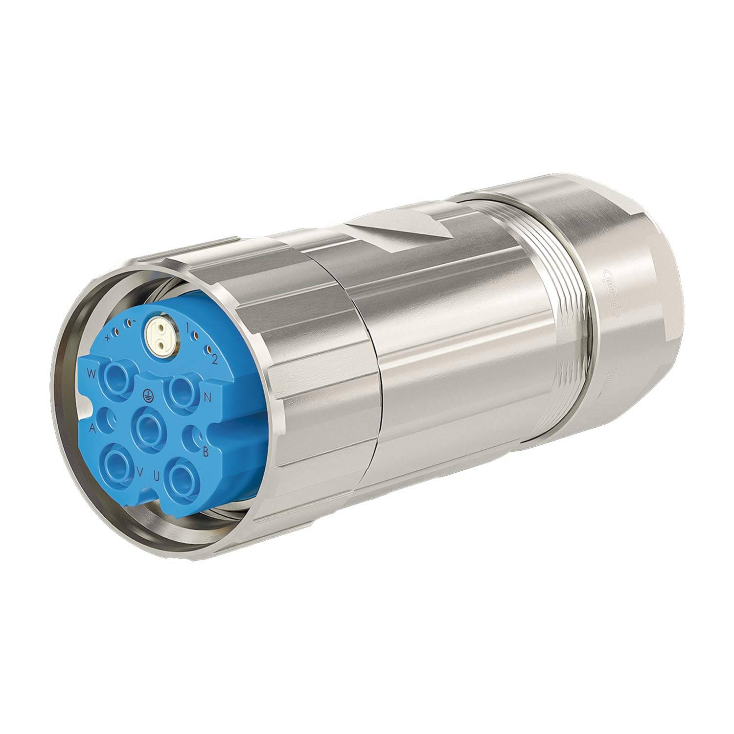 Ein metallischer Rundsteckverbinder mit blauem Innenbereich, der mehrere Schlitze und einen zentralen Stift für elektrische Verbindungen aufweist.