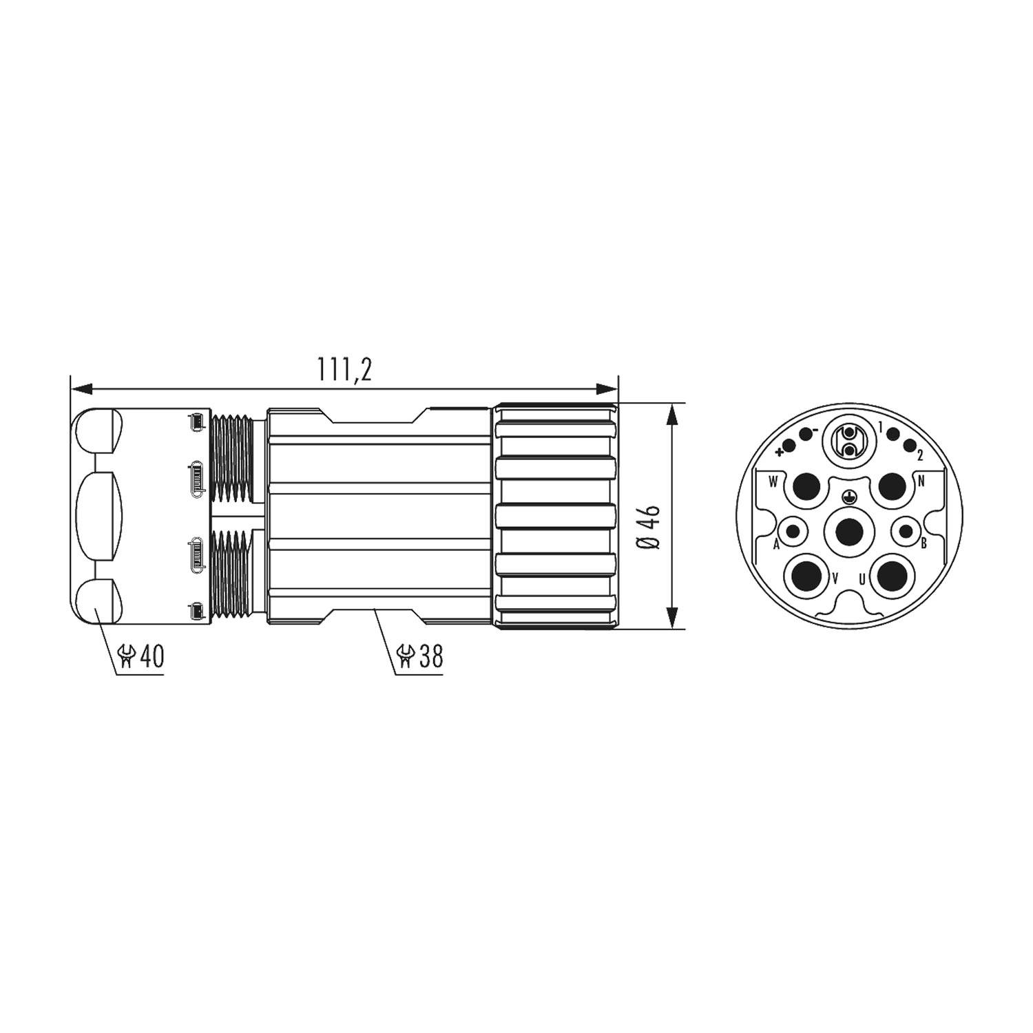 Technische Zeichnung einer zylindrischen Komponente mit Seiten- und Endansicht, die Abmessungen zeigt: Länge 111,2 mm, Durchmesser 46 mm.