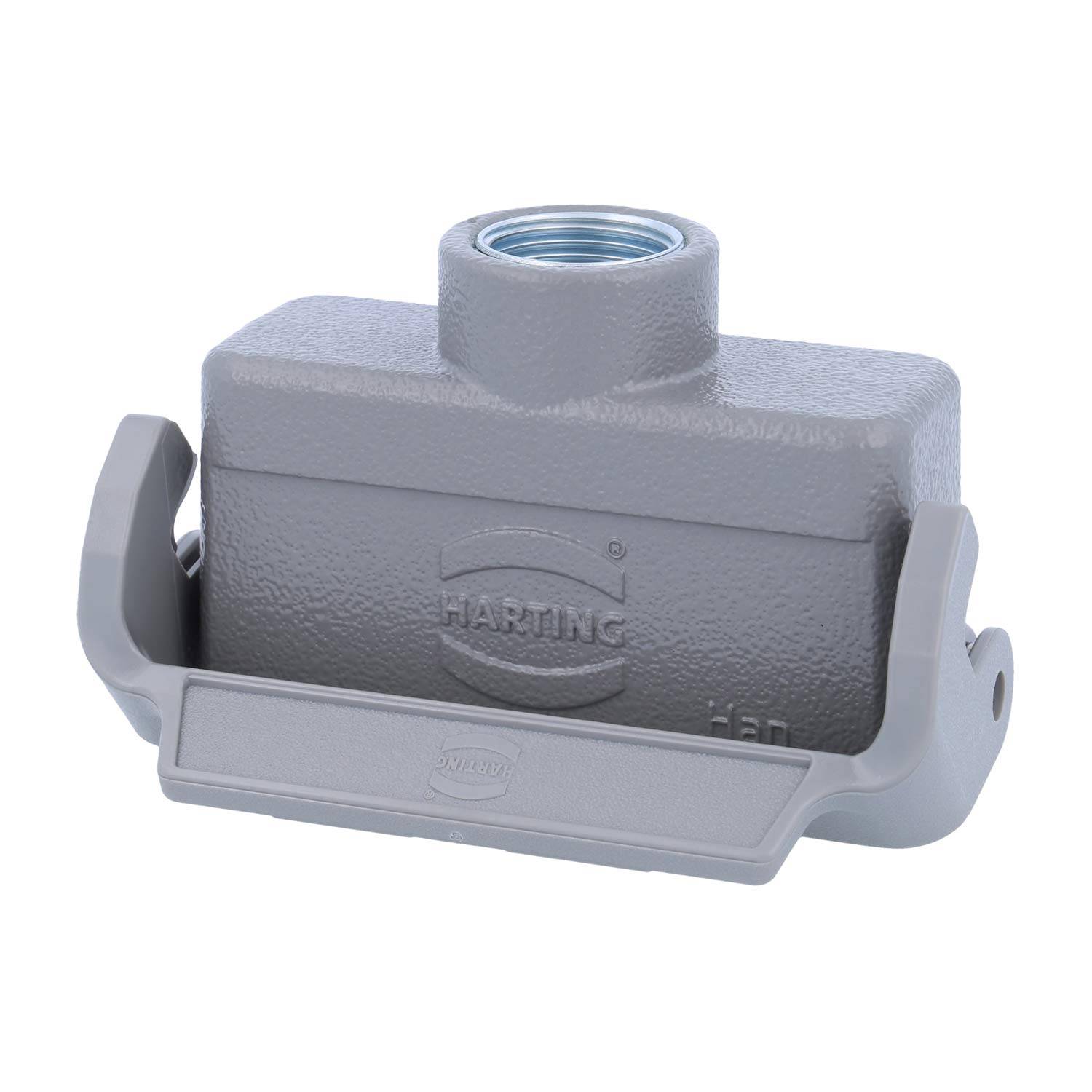 Ein graues industrielles Steckergehäuse mit Gewindeeintritt von oben und seitlichen Verriegelungen für sichere Befestigung, mit der Markenbezeichnung 'HARTING' auf der Vorderseite.