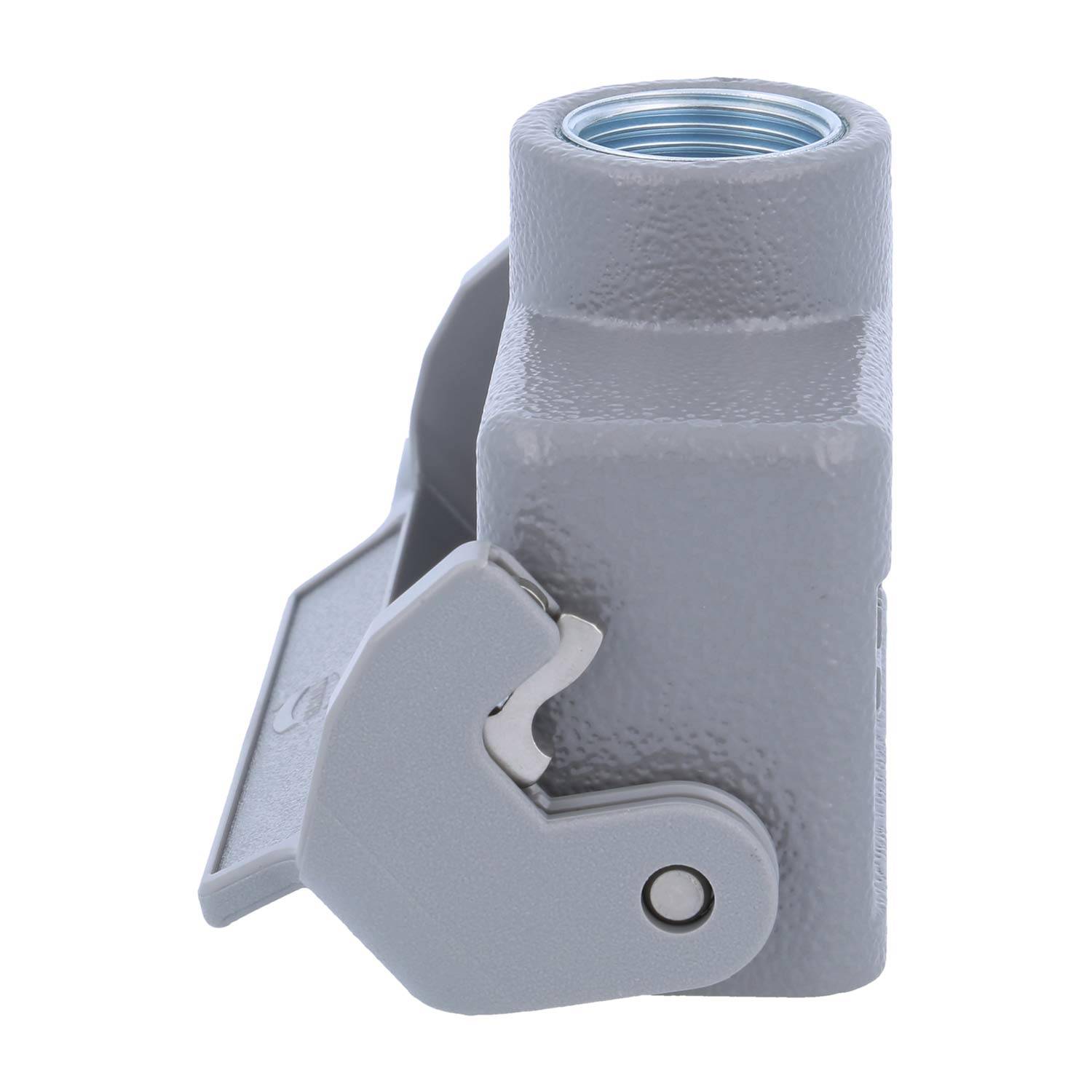 Eine graue Industriekomponente aus Metall mit einer zylindrischen Gewindebohrung und einem klappbaren Verschließmechanismus.