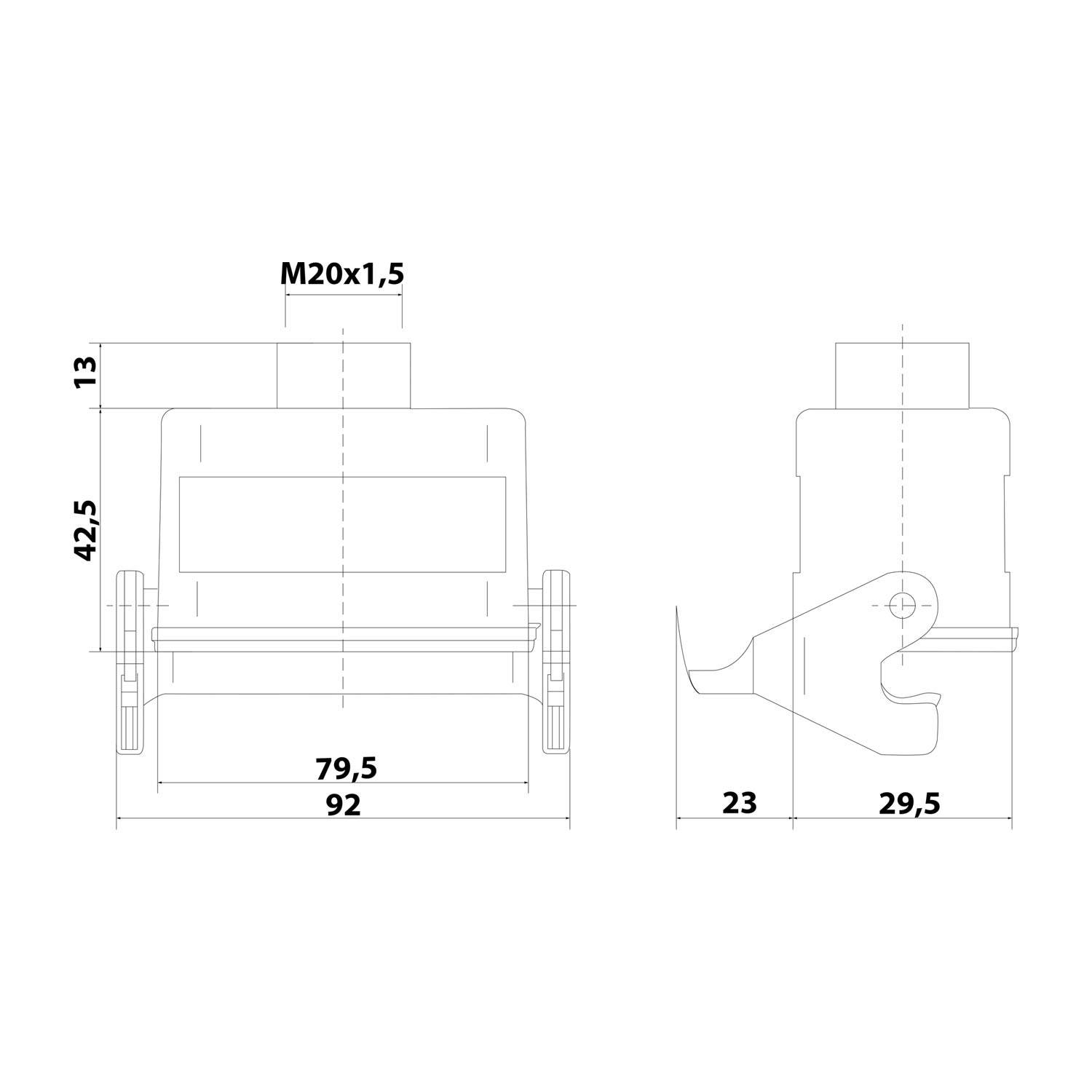 Technische Zeichnung einer Komponente mit Vorder- und Seitenansicht, bei der die Abmessungen wie folgt beschriftet sind: 92 x 42,5 mm, 13 mm Höhe, 23 mm und 29,5 mm Länge.