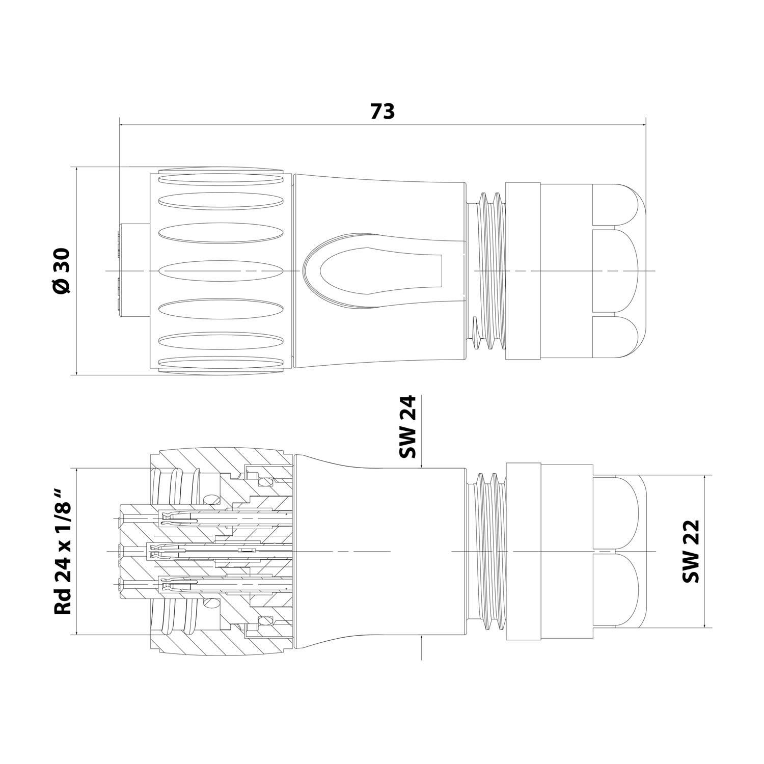 Technische Zeichnung einer mechanischen Komponente: zwei Ansichten. Enthaltene Maße sind 73 mm Länge, 30 mm Durchmesser, SW 24, SW 22, Rd 24 x 1/8.