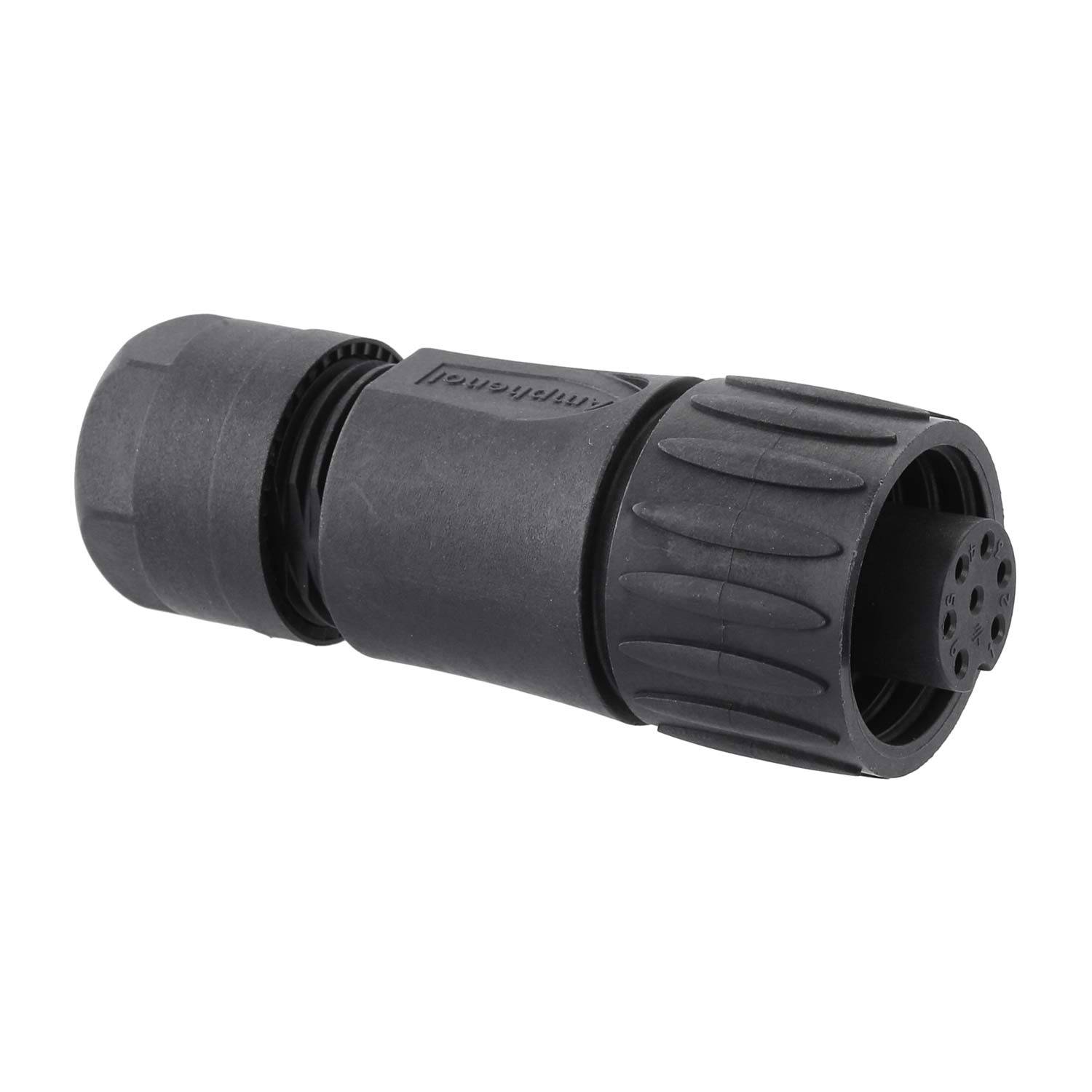 Eine Nahaufnahme eines schwarzen zylindrischen elektrischen Anschlusses mit strukturierter Griffoberfläche und mehreren Anschlusslöchern, der für sichere Kabelverbindungen konzipiert ist.