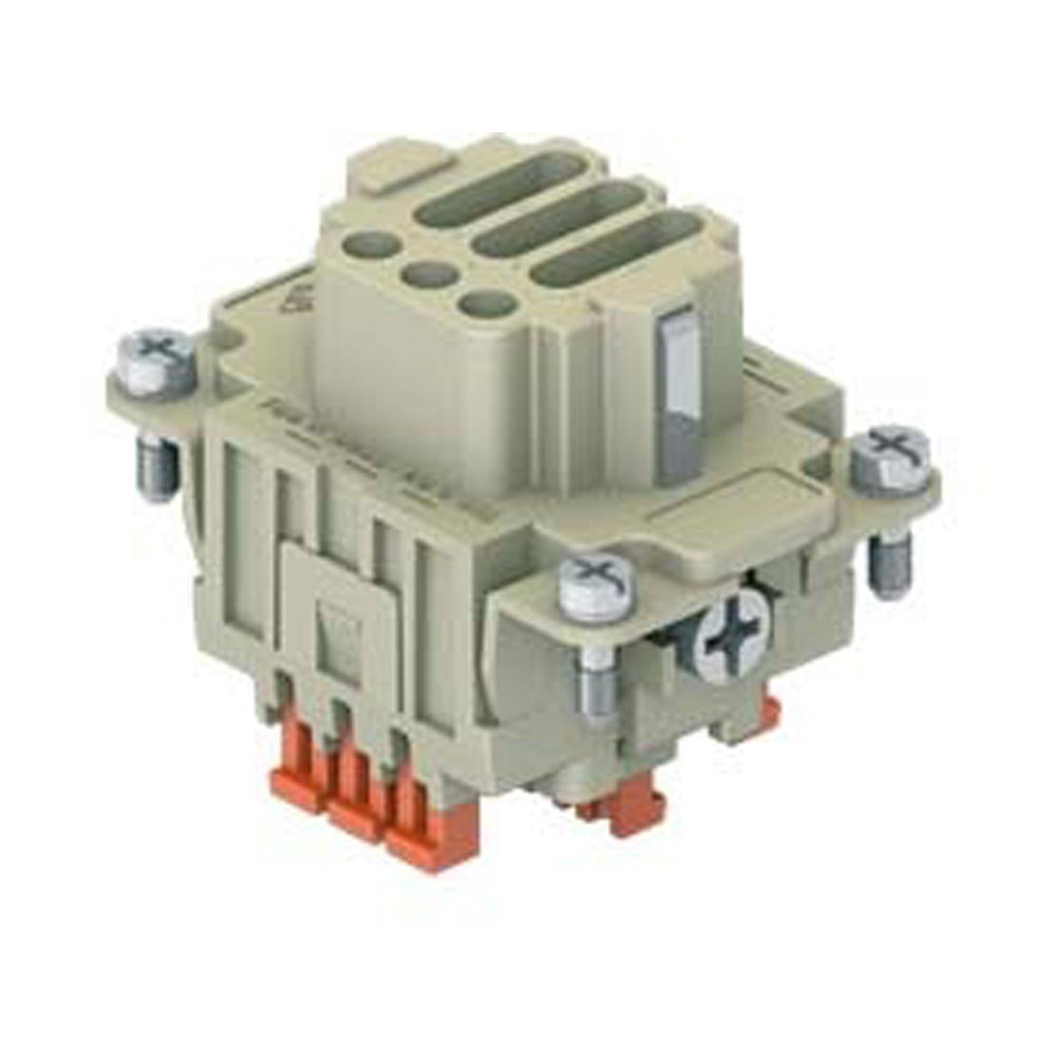 Das Bild zeigt einen beigen industriellen elektrischen Verbinder mit mehreren Buchsen und Schrauben, der für die Montage und sichere Verbindungen konzipiert ist.