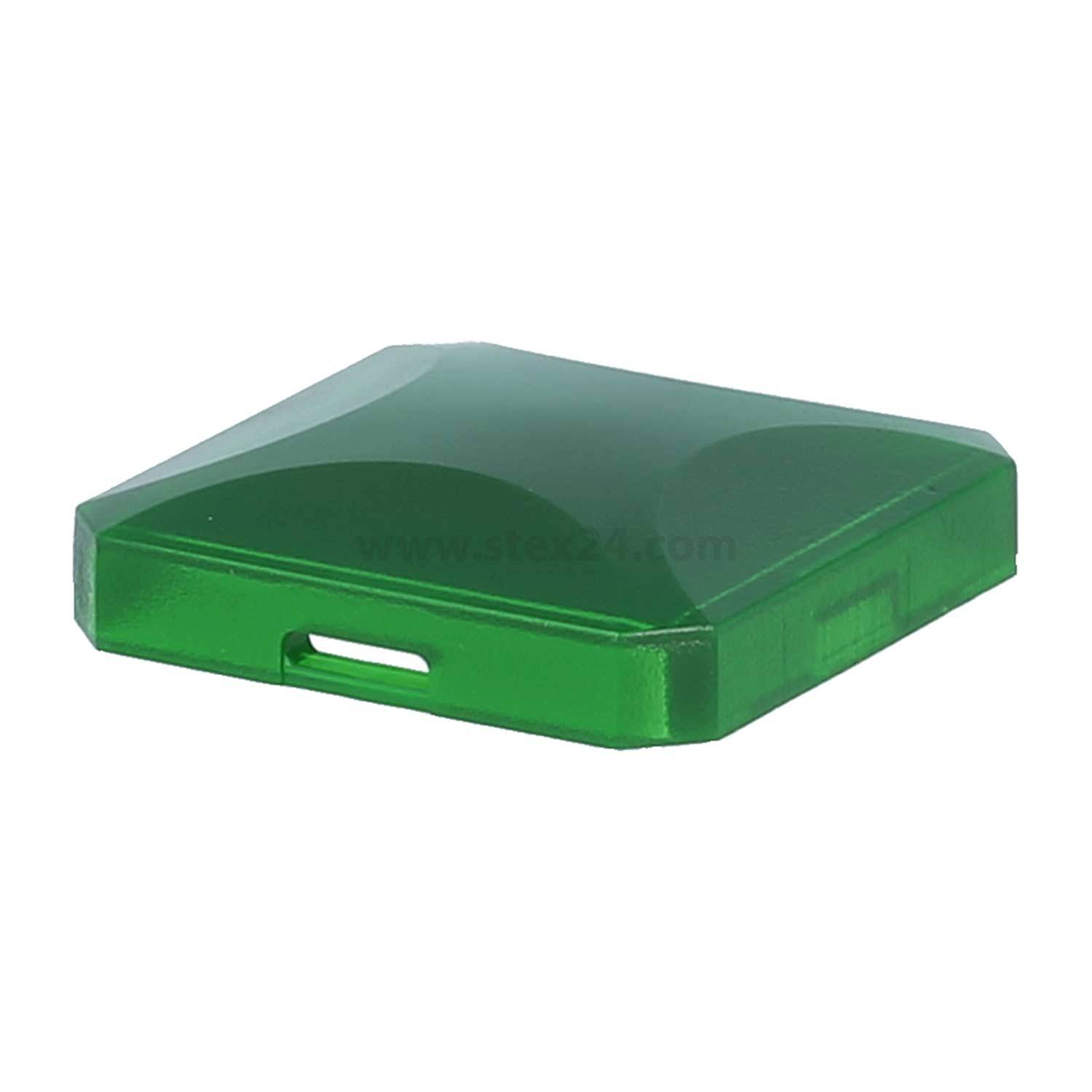 Eine grüne, diamantförmige Plastiklinse mit einer flachen Basis und abgeschrägten Kanten.