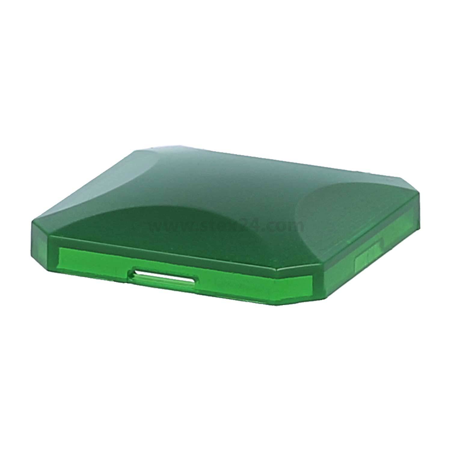 Eine grüne Plastik-CD- oder DVD-Hülle mit glänzender Oberfläche, aus einem leicht schrägen Winkel betrachtet, wobei der Rand und ein Teil der Oberseite sichtbar sind.