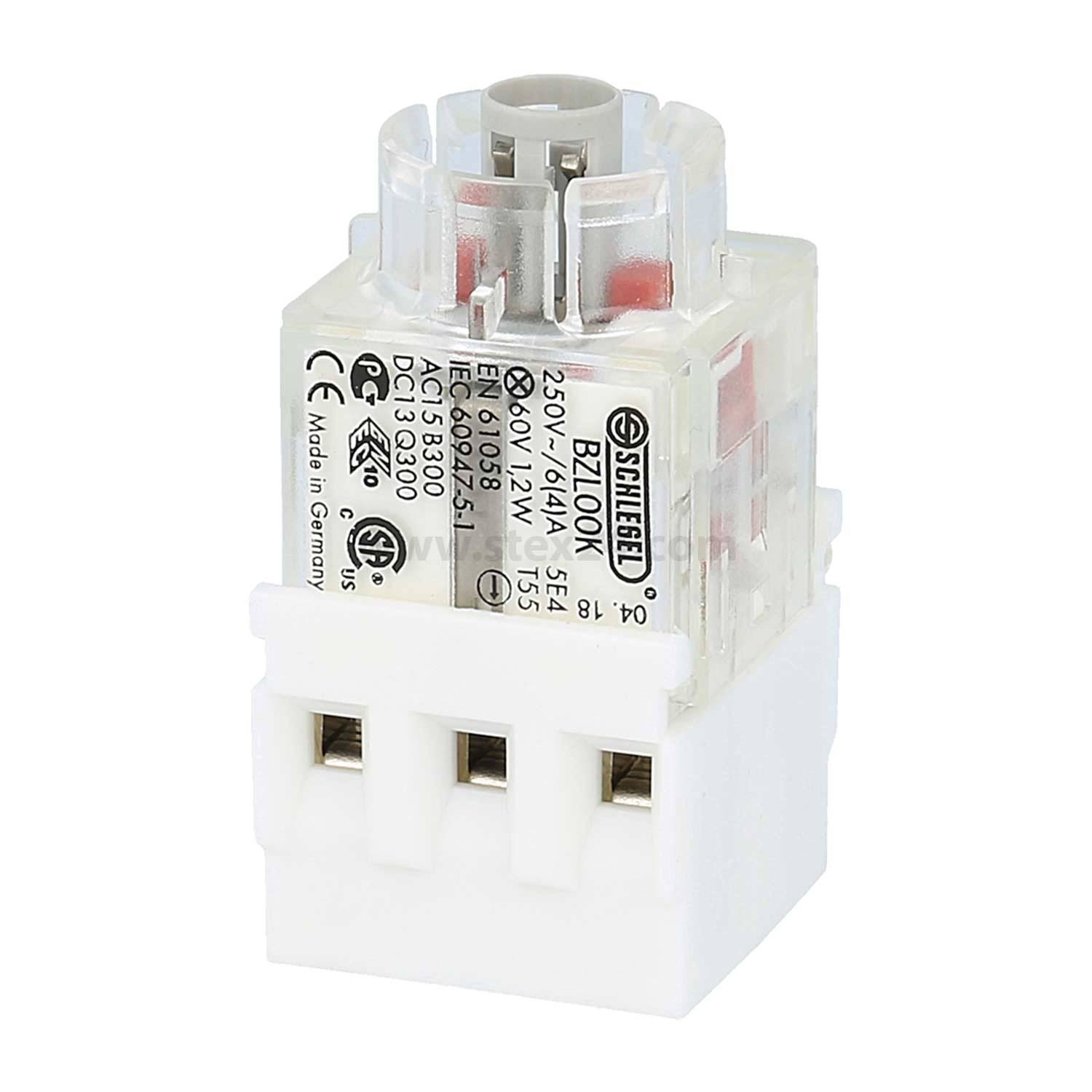 Ein weißes elektrisches Relais mit transparentem Gehäuse, bei dem die internen Komponenten sichtbar sind und das mit '250V–14A' beschriftet ist. Es verfügt über drei Anschlussslots an der Basis.