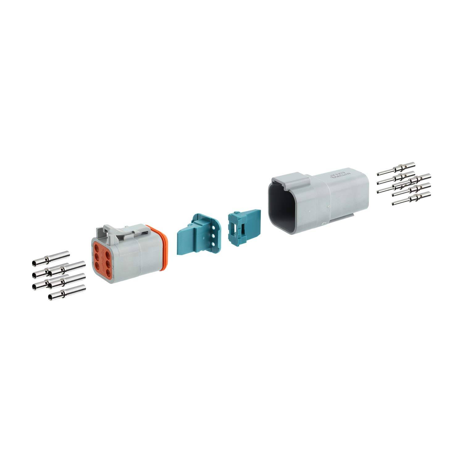 Explosionszeichnung einer elektrischen Anschlusseinheit, die Stifte, Gehäuse und Einsätze von links nach rechts sequenziell angeordnet zeigt.