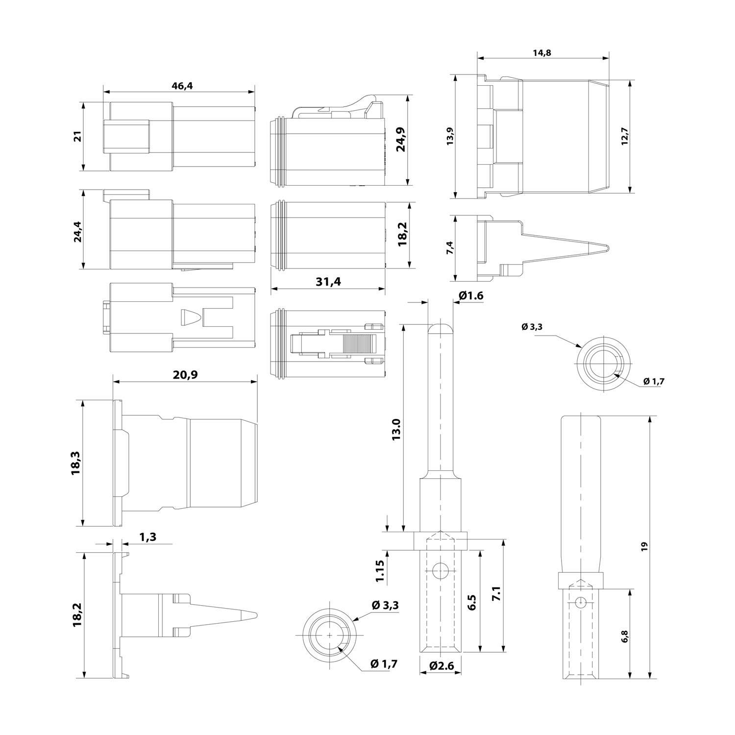 Technische Zeichnung mit verschiedenen Ansichten und Maßen einer mechanischen Komponente, einschließlich Draufsicht, Seitenansicht und Frontansicht mit Abmessungen.