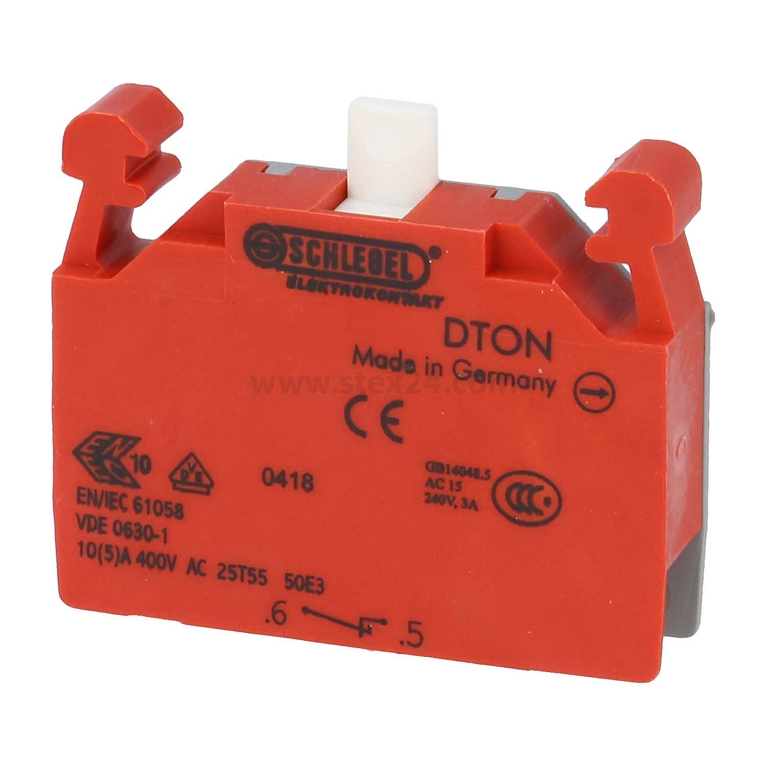 Ein roter Schlegel Drucktastenschalter, Modell DTON, hergestellt in Deutschland. Ausgelegt für 400V AC, 10/15A mit auf der Seite sichtbaren Konformitätscodes.