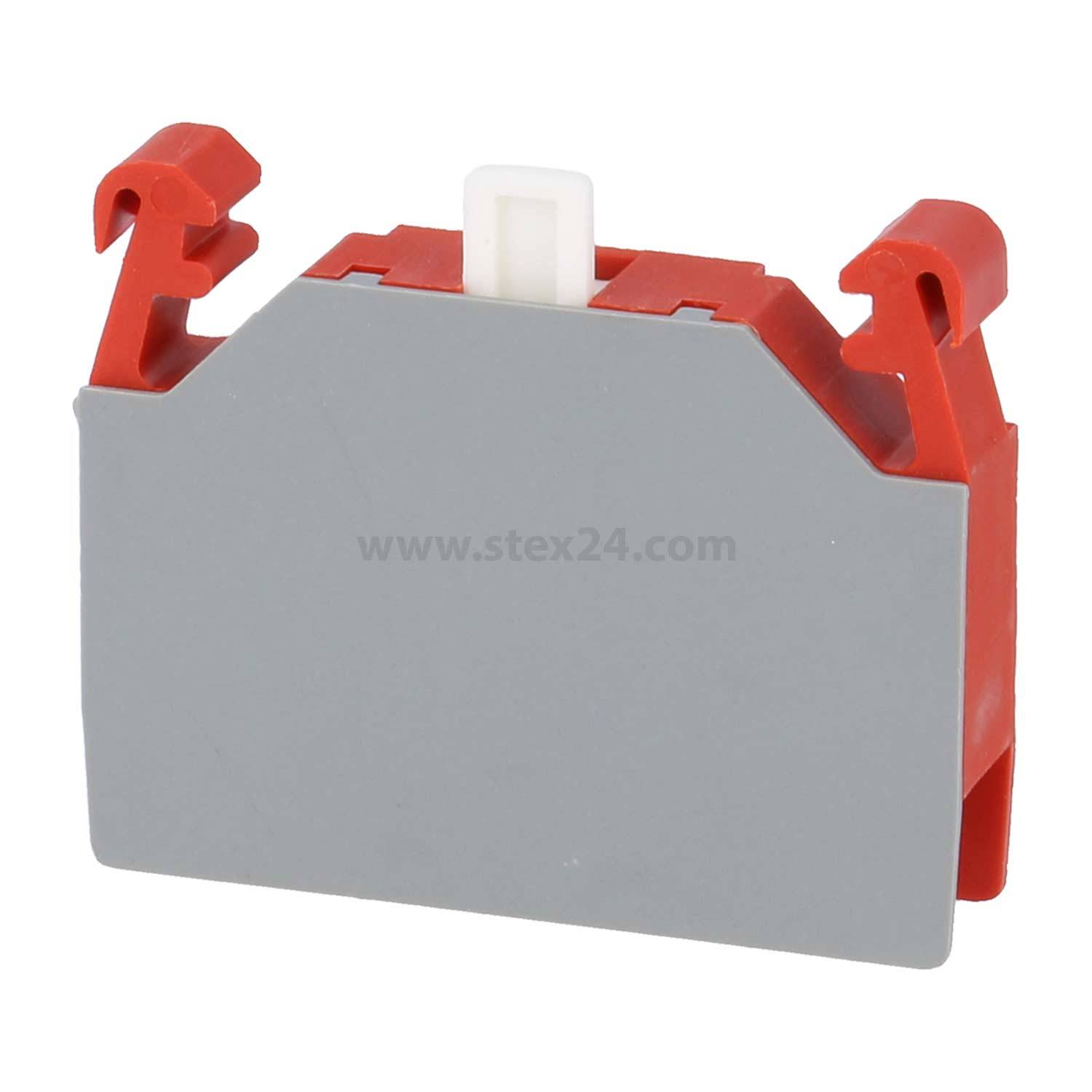 Ein roter und grauer Kunststoffschalter mit einem weißen Knopf, konzipiert für die Oberflächenmontage und wahrscheinlich in elektrischen oder elektronischen Anwendungen verwendet.