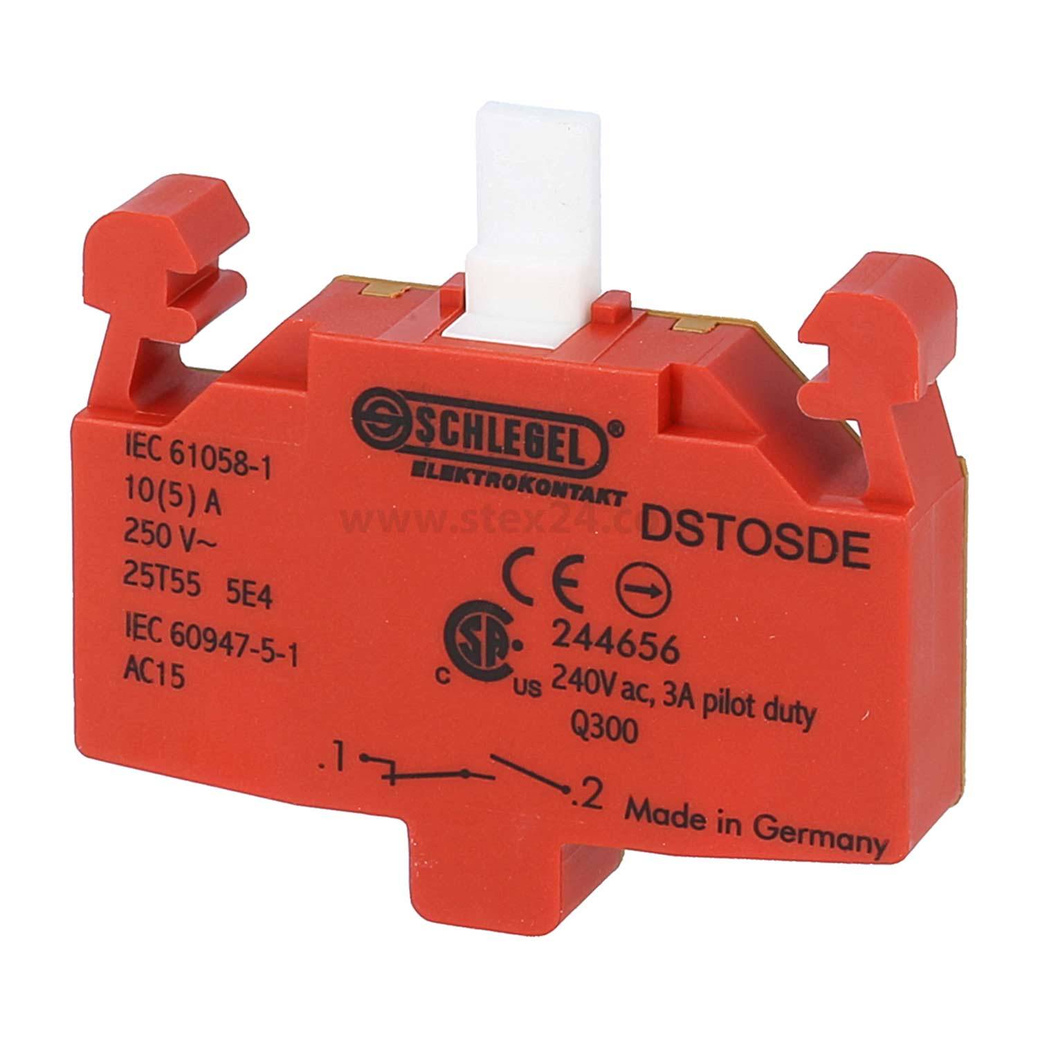 Roter elektrischer Kontaktschalter mit Schlegel-Beschriftung, Modell DSTOSDE, mit technischen Spezifikationen. Hergestellt in Deutschland.