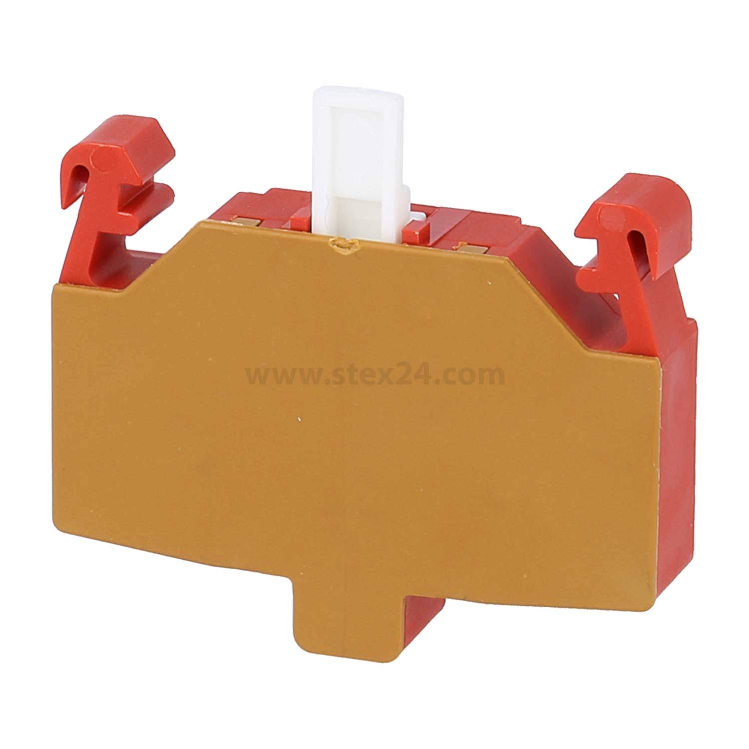 Rote und goldene elektrische Schalterkomponente mit einem weißen Hebel oben, versehen mit zwei hakenlosen Erweiterungen an beiden Seiten.