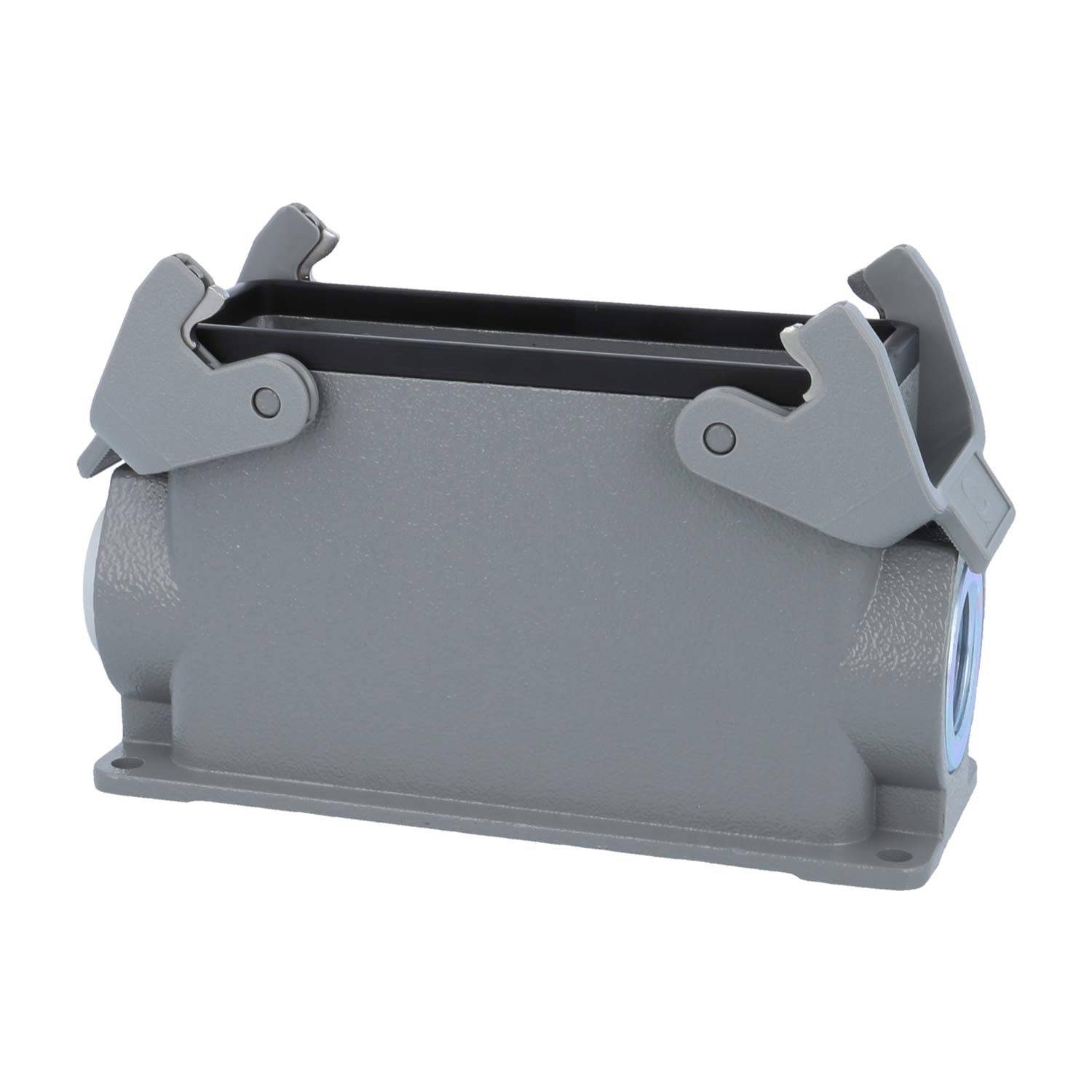 Ein grauer rechteckiger Metallgehäuse mit zwei klappbaren Schutzdeckeln oben. Verwendet zur Sicherung von elektronischen oder elektrischen Komponenten.