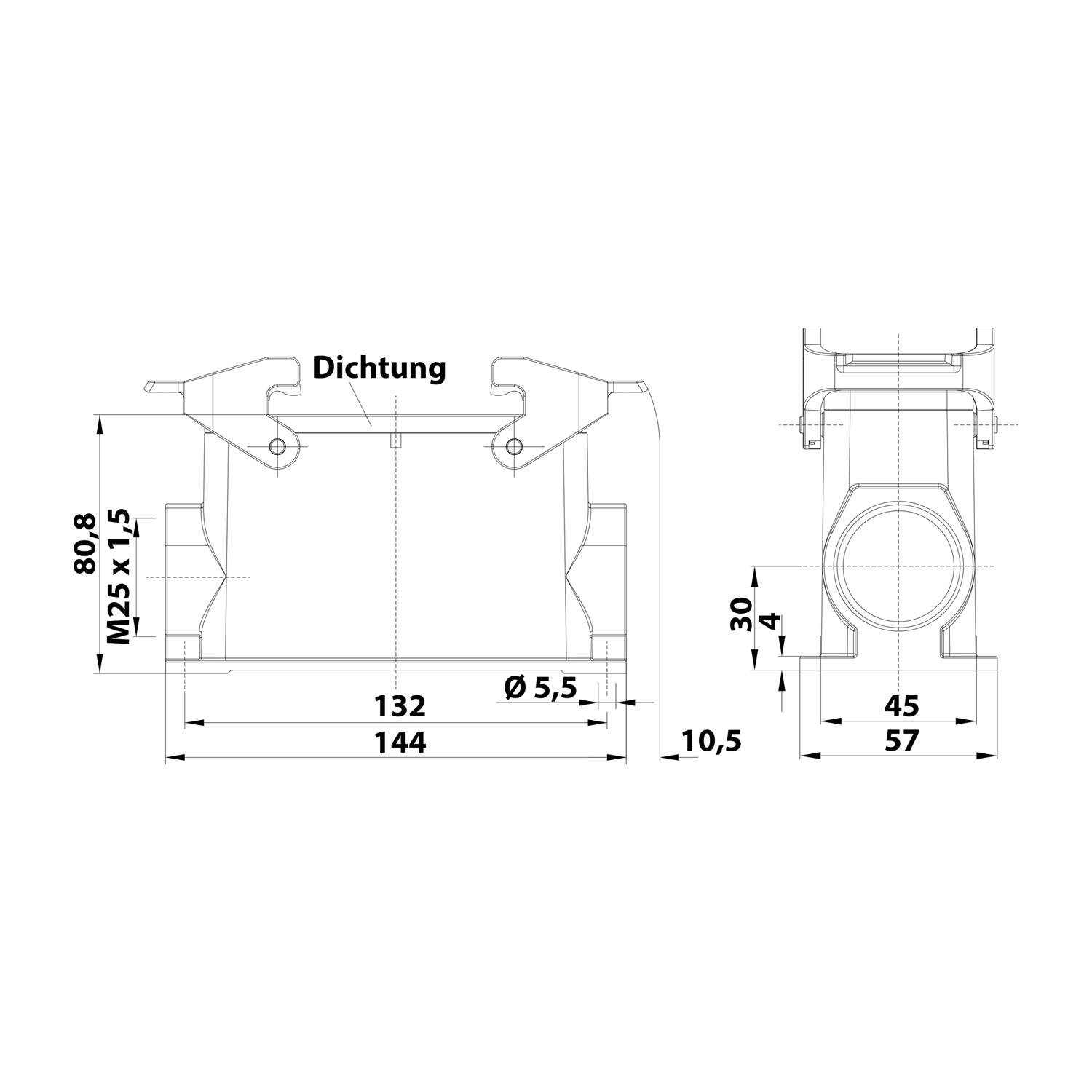 Technische Zeichnung eines mechanischen Bauteils, beschriftet mit 'Dichtung', mit Abmessungen: 132 mm breit, 80,8 mm hoch, 45 mm Tiefe, Durchmesser 5,5 mm.