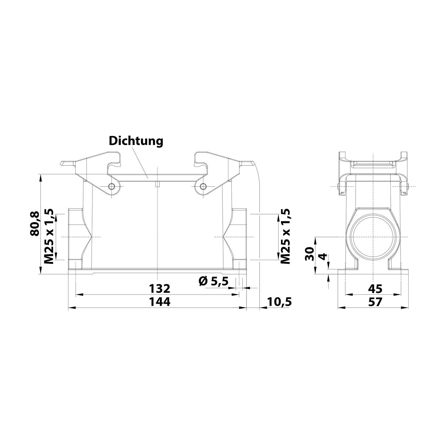 05300240271 HARTING Han 24B Sockelgehäuse hoch, 2xM25 seitlicher Kabelabgang, mit 2 Querbügeln Verschraubung M25