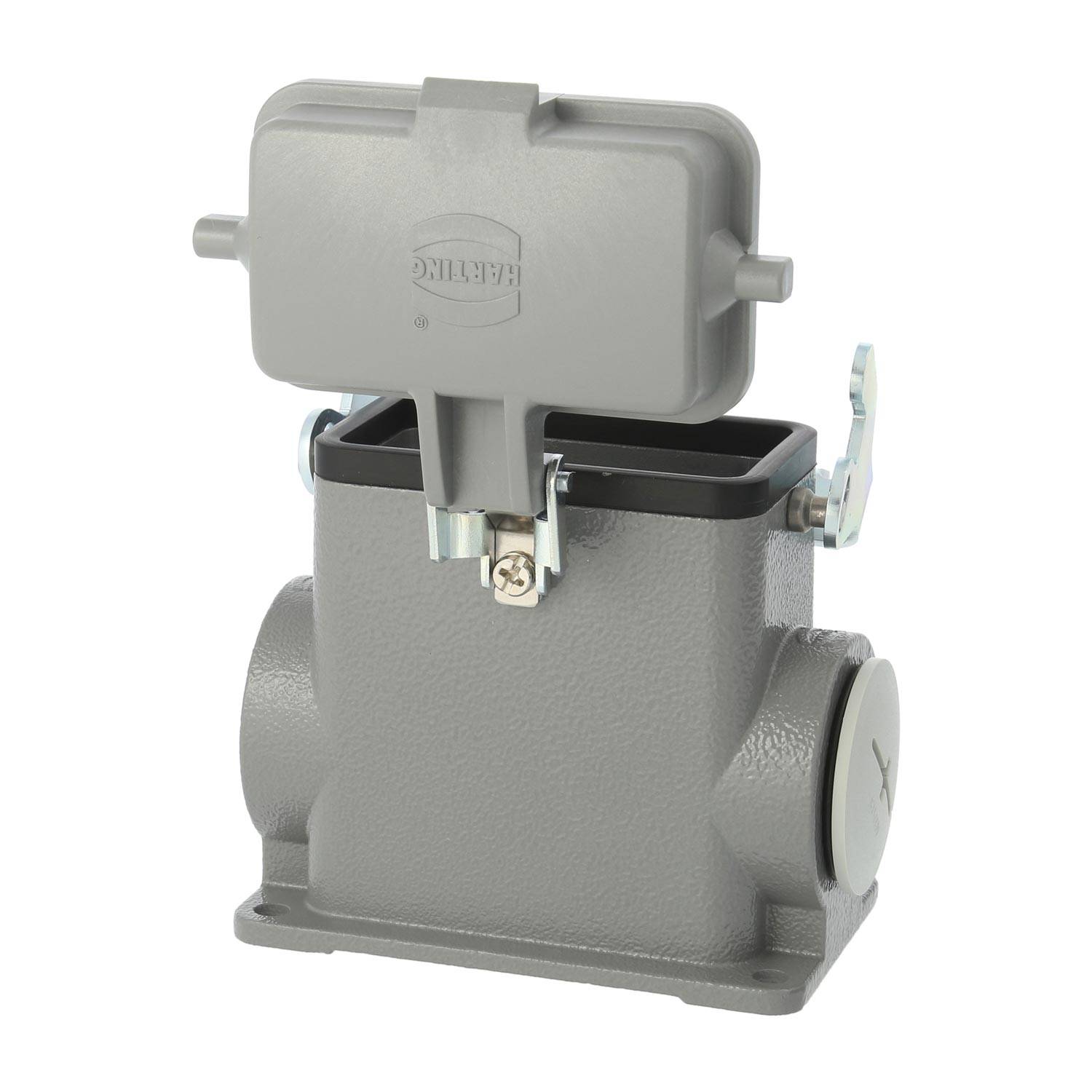 Eine graue industrielle elektrische Verteilerdose mit einem Deckel mit Scharnier und seitlichen Eingangsöffnungen.