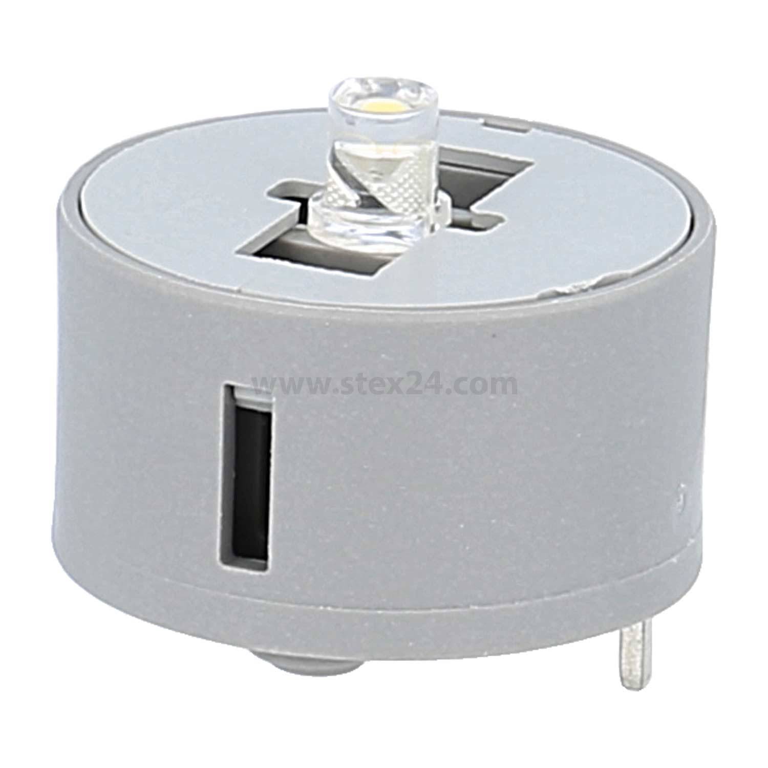 Ein runder, grauer Steckdosenadapter mit zwei Stiften und einer kleinen LED-Lampe oben, der für die internationale Nutzung konzipiert ist.