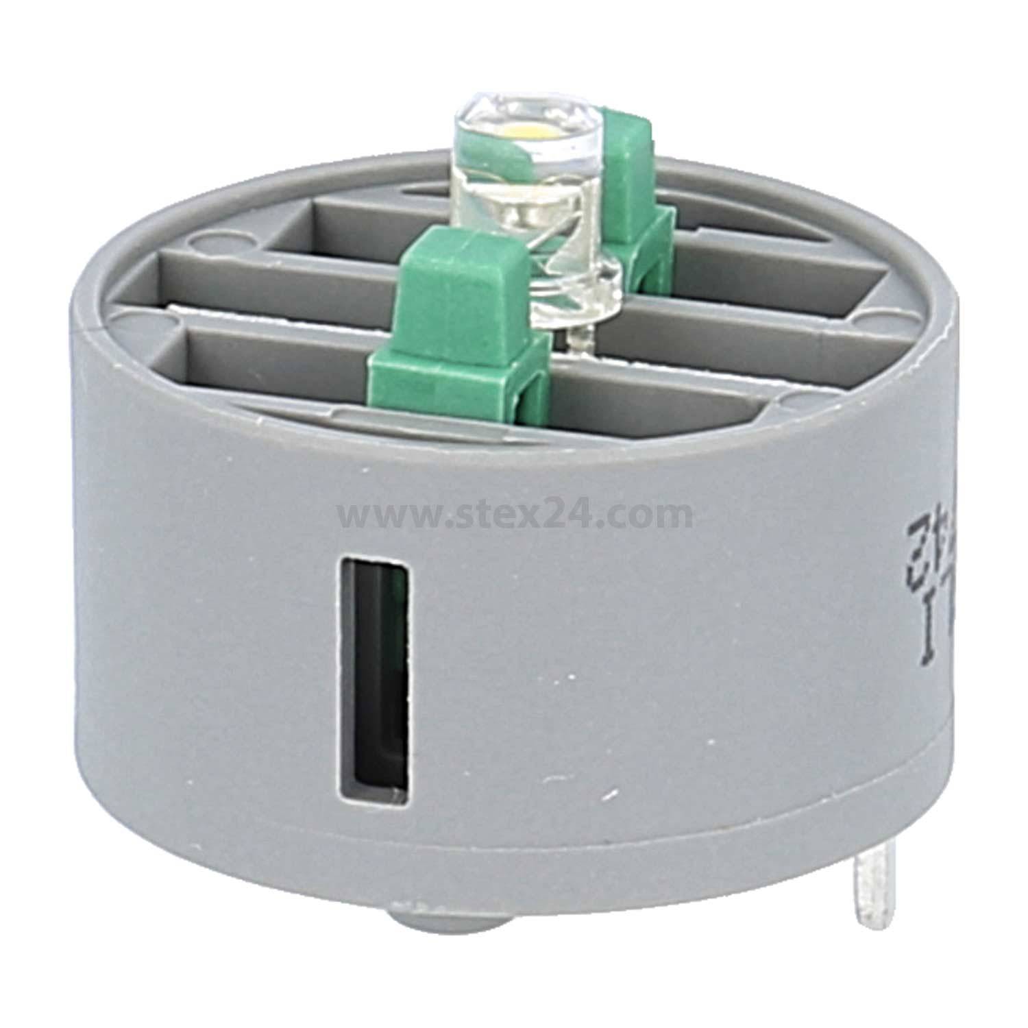 „Nahaufnahme einer runden, grauen Kunststoffkomponente mit grünen Laschen und einer transparenten LED, mit Pins an der Basis für elektronische Anschlüsse.