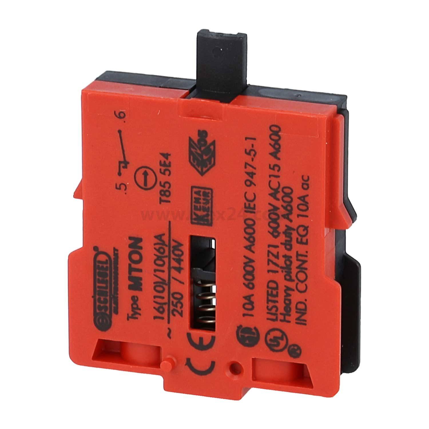 Sicherheitsschalter, Typ NTON, 10A, 600V, 10E4 Bewertung, rotes Gehäuse mit schwarzem Betätiger, Branding und Spezifikationen auf der Vorderseite gedruckt.