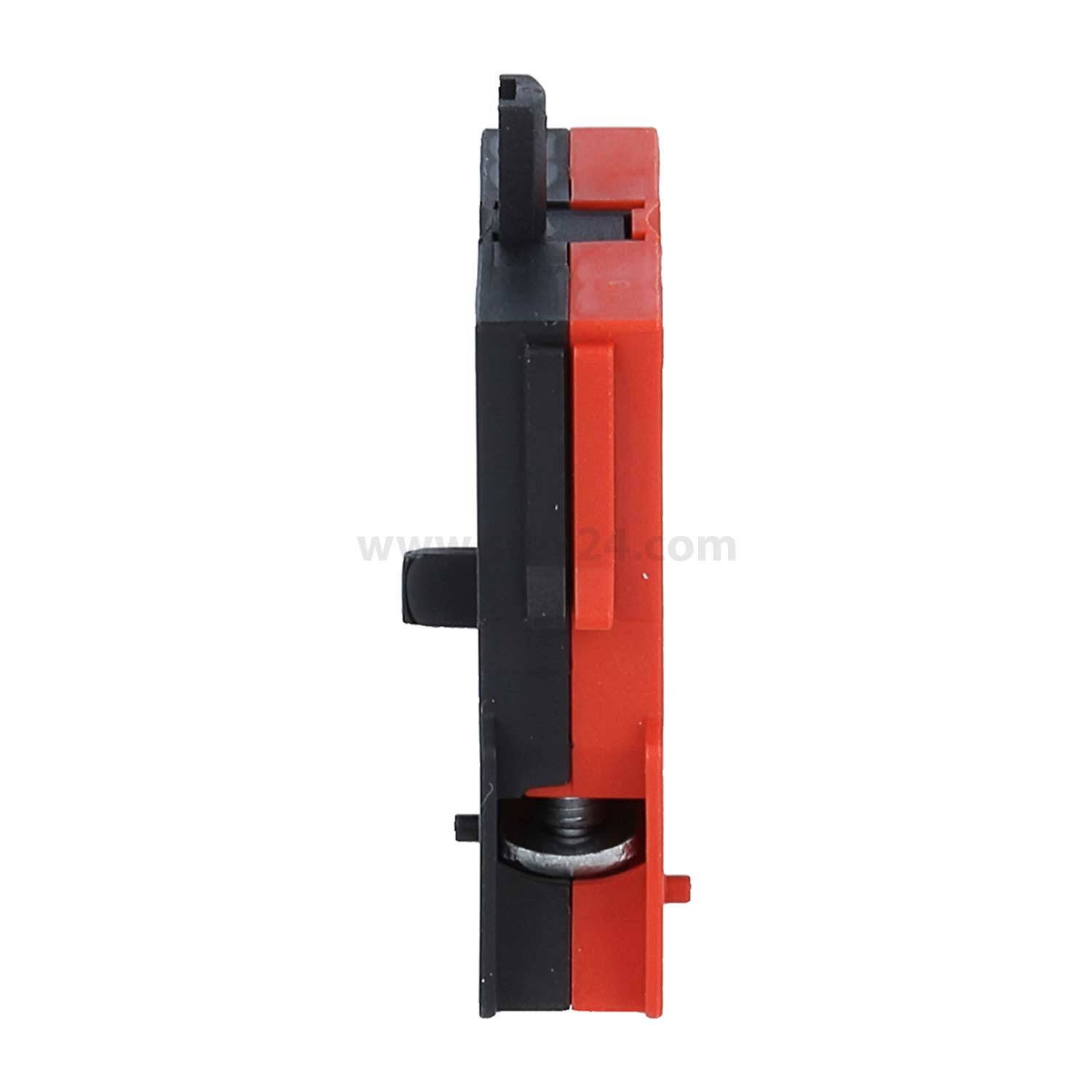 Seitenansicht eines roten und schwarzen Kunststoffgeräts mit einem Federmechanismus im Inneren, das für elektrische oder mechanische Anwendungen verwendet wird.